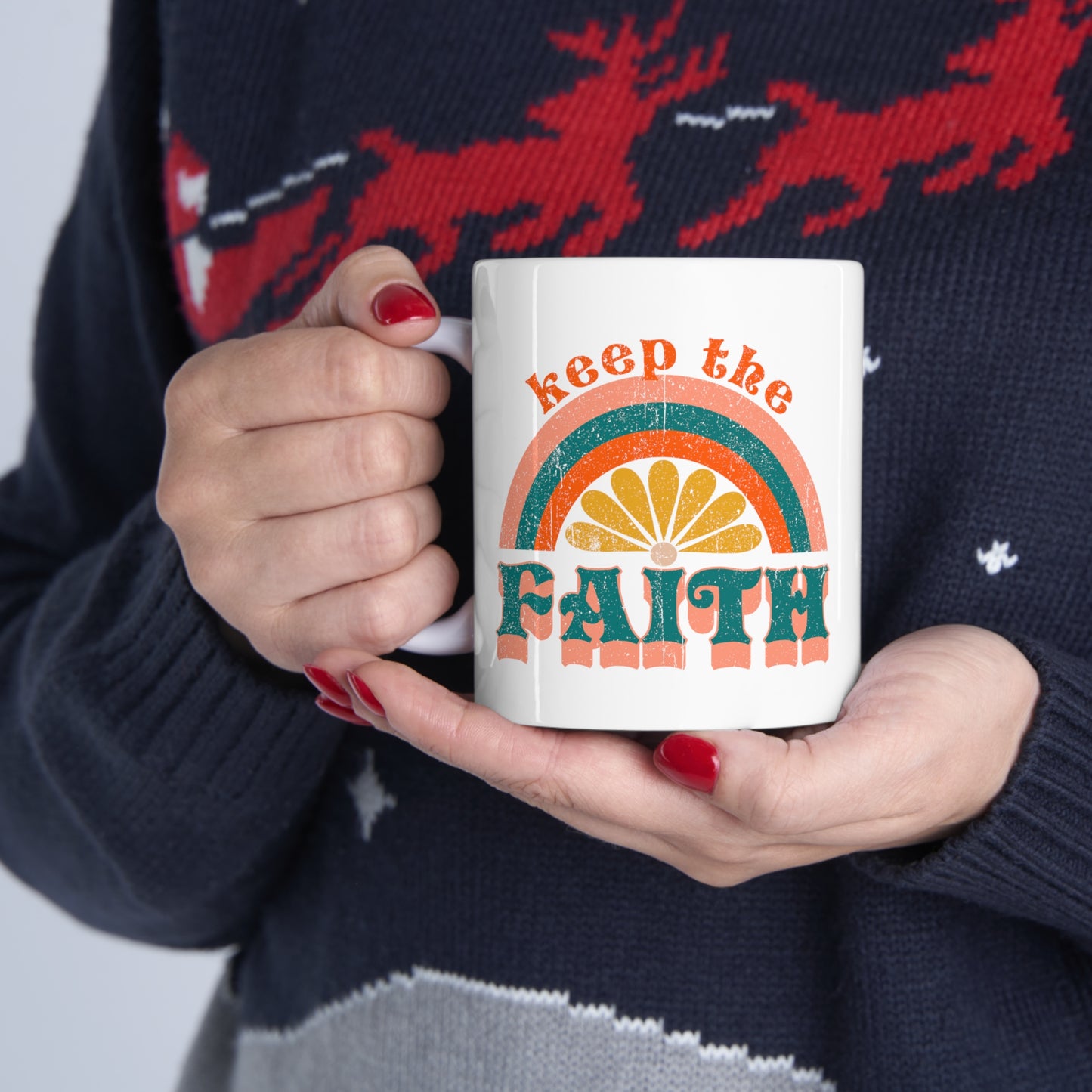 Keep the Faith Boho Retro Rainbow Sun Christian Ceramic Mug 11oz