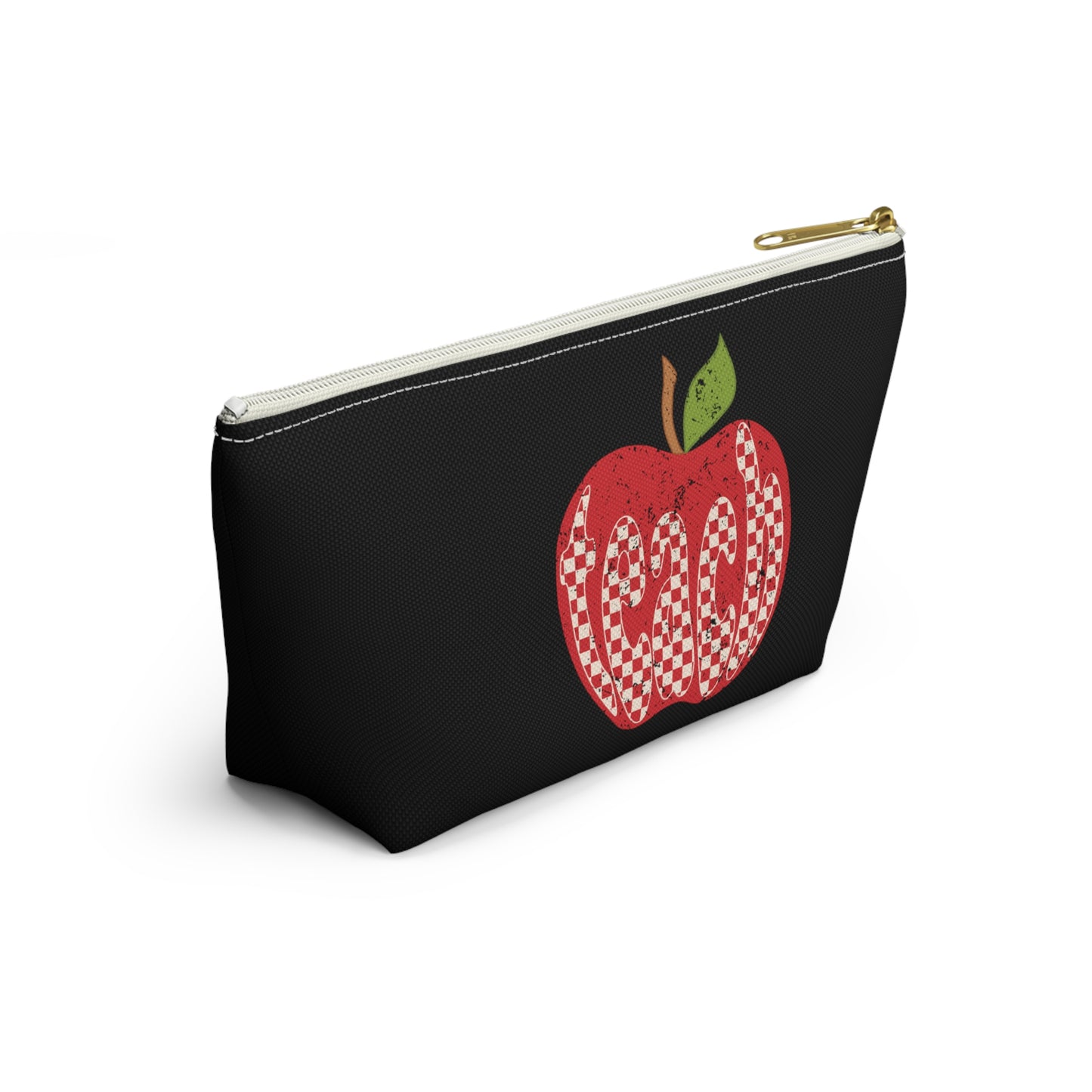 Distressed Teacher Checkered Apple Print Design Accessory Pouch w T-bottom - Black