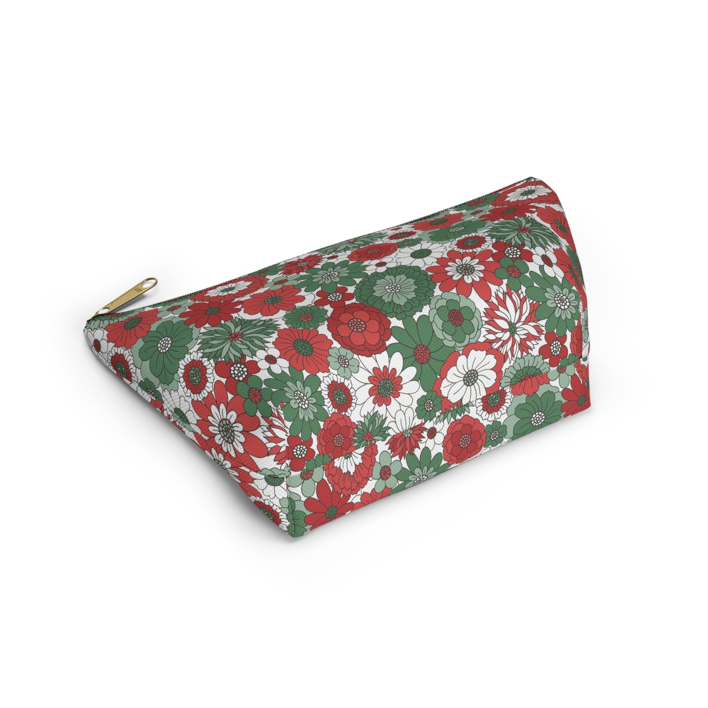 Retro Floral Christmas Red and Green Print Design Accessory Pouch w T-bottom