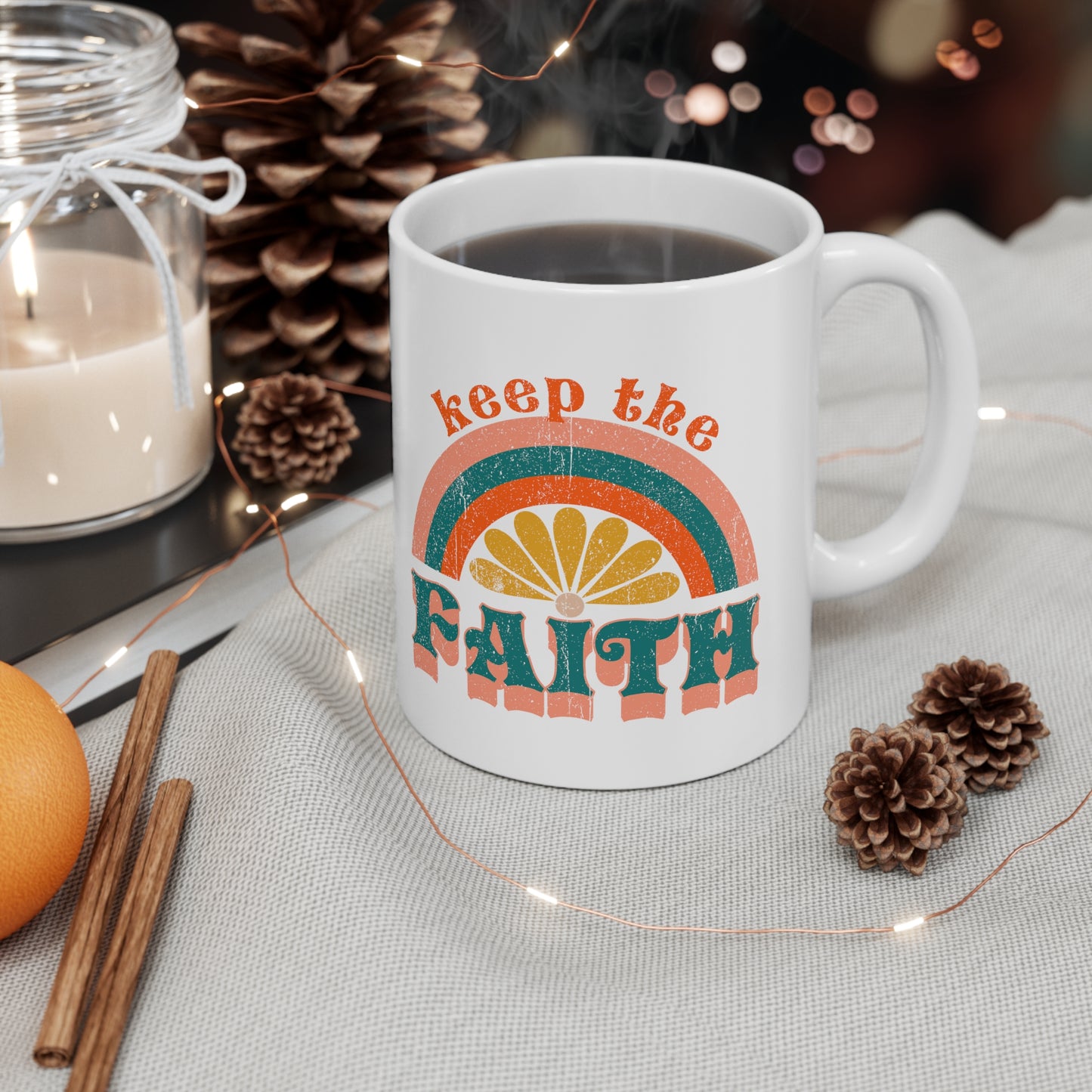 Keep the Faith Boho Retro Rainbow Sun Christian Ceramic Mug 11oz