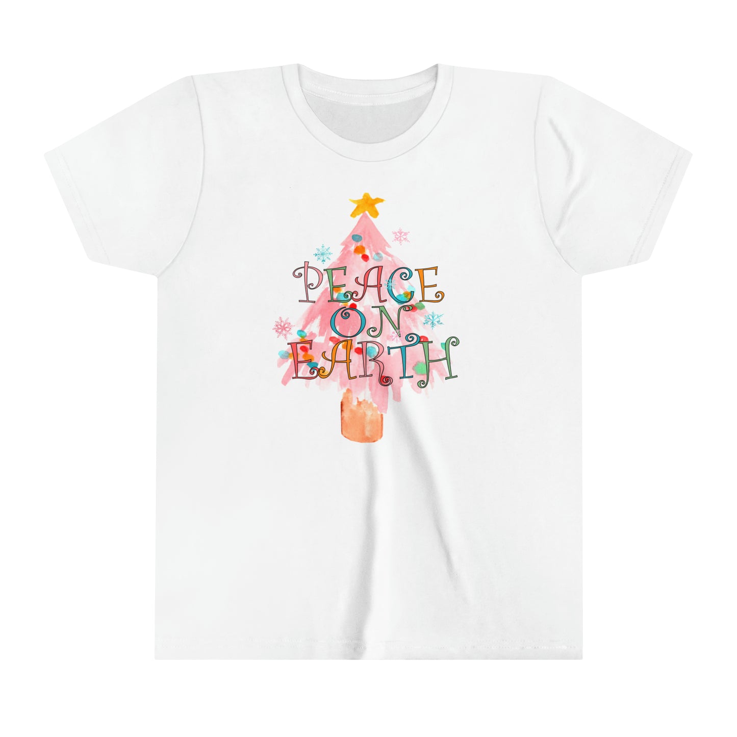 YOUTH - Peace on Earth Pink Christmas Tree/ Holiday Youth Short Sleeve Tee
