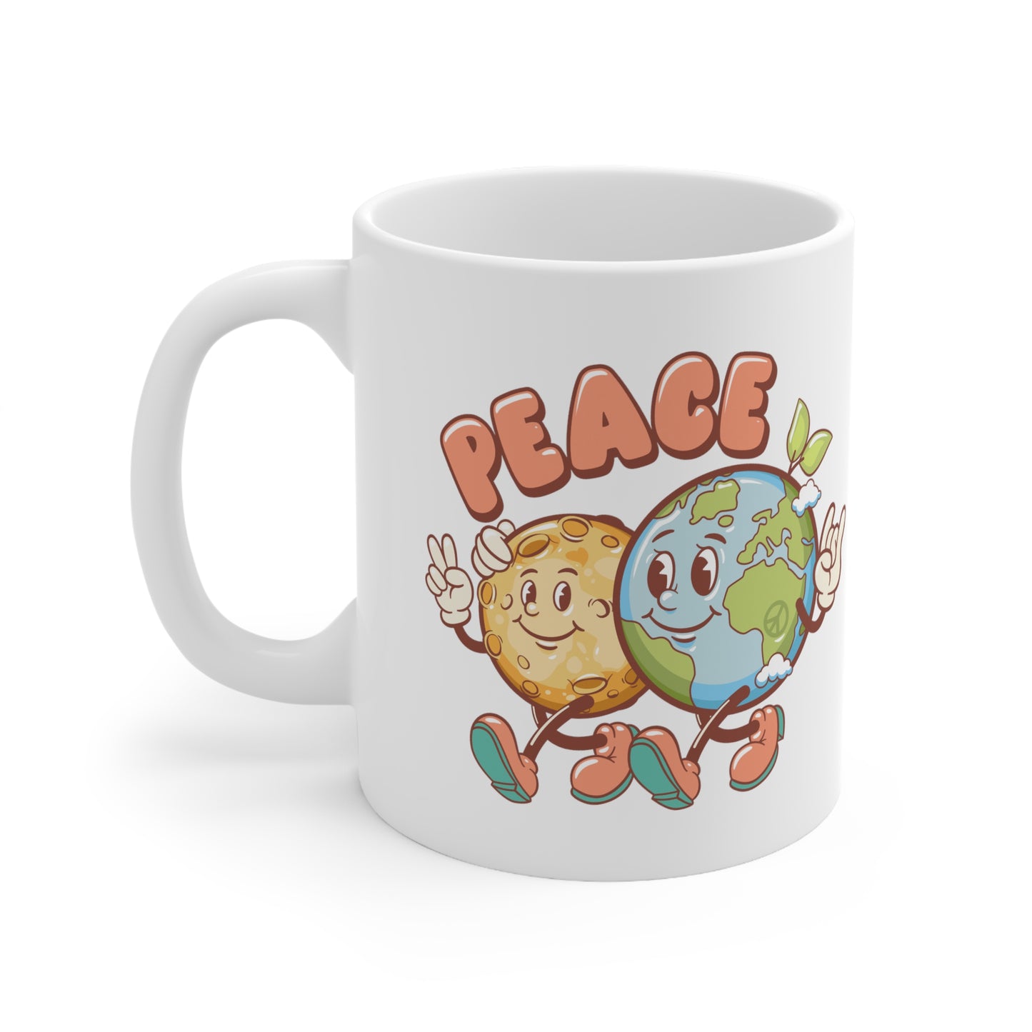 Earth and Moon Characters Spreading World Peace Ceramic Mug 11oz