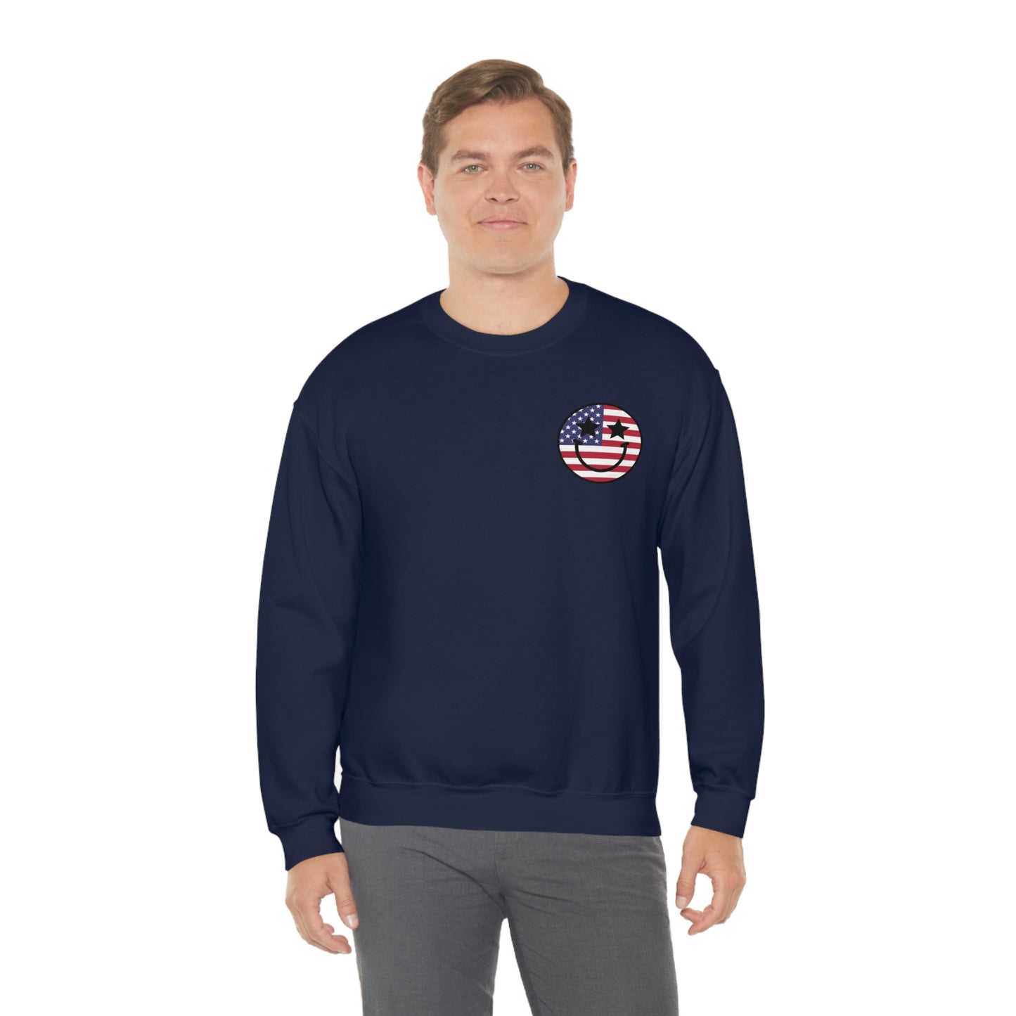 "Land of the Free Because of the Brave with Smiley Face Front" (Front & Back Design) - Unisex Heavy Blend™ Crewneck Sweatshirt