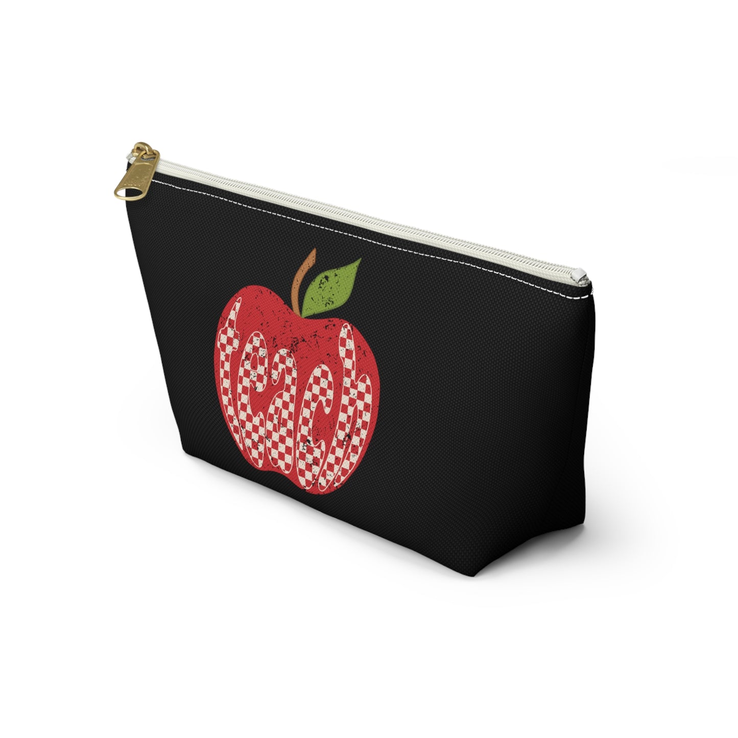 Distressed Teacher Checkered Apple Print Design Accessory Pouch w T-bottom - Black
