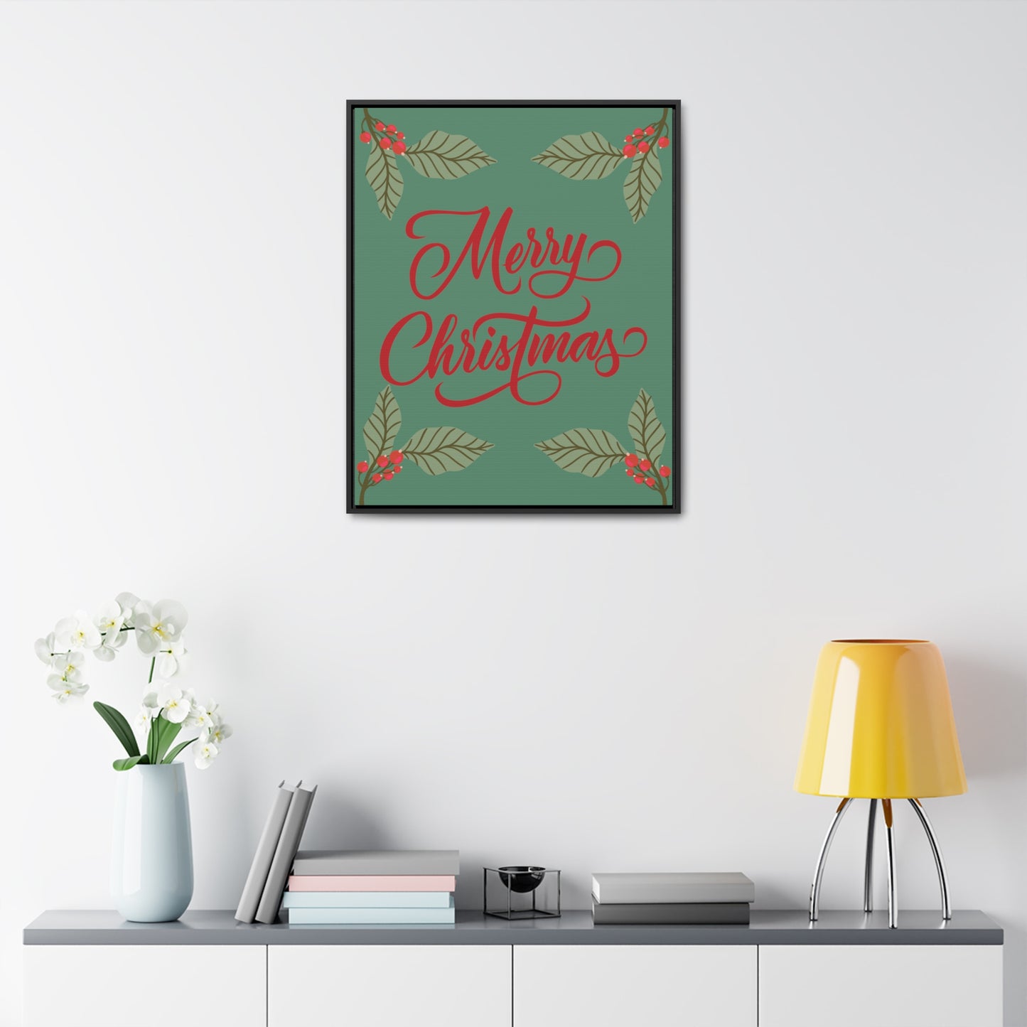 Merry Christmas Holly Berry Christmas Leaf Gallery Canvas Wraps, Vertical Frame