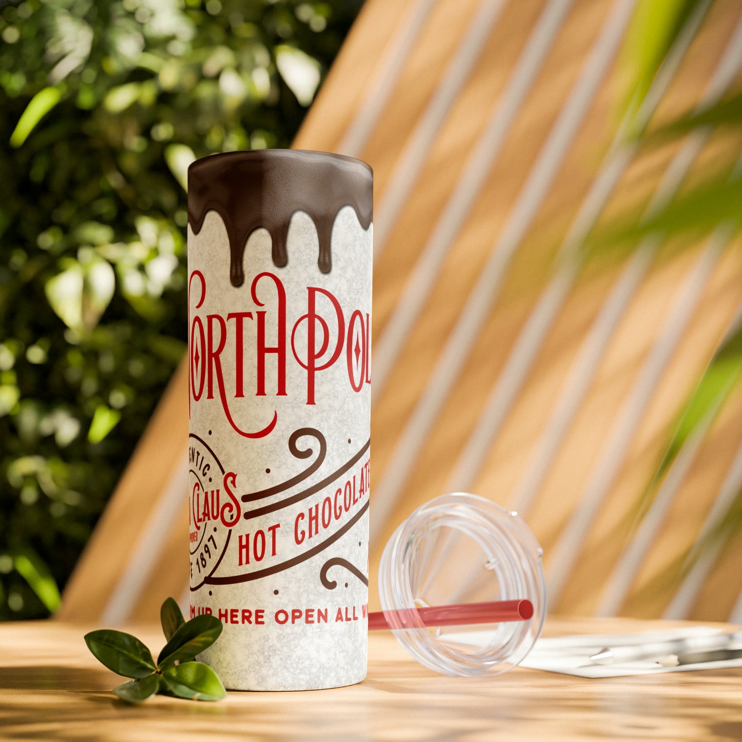 North Pole Santa Claus Hot Chocolate Co. Christmas/ Holiday Skinny Tumbler with Straw, 20oz