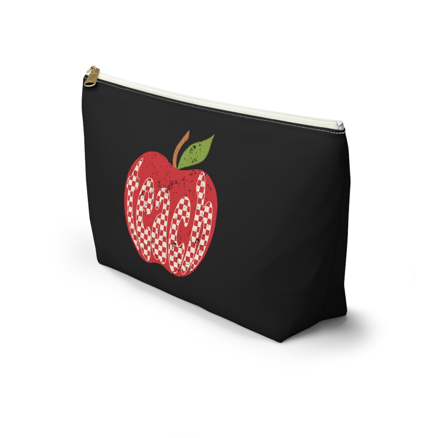 Distressed Teacher Checkered Apple Print Design Accessory Pouch w T-bottom - Black
