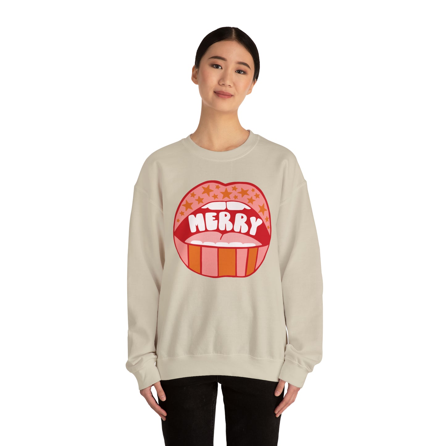Christmas Holiday Merry Lips Stripes and Stars Unisex Heavy Blend™ Crewneck Sweatshirt