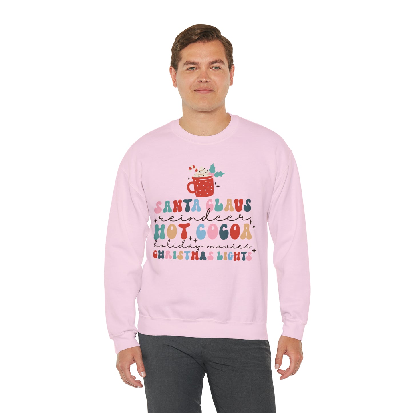 Santa Claus Reindeer Hot Cocoa Christmas Lights Heavyweight Crewneck Sweatshirt