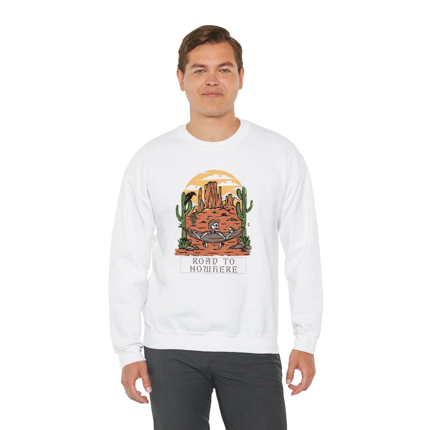 Road to Nowhere Skeleton Fall Halloween Retro Warm Colored Unisex Heavy Blend™ Crewneck Sweatshirt