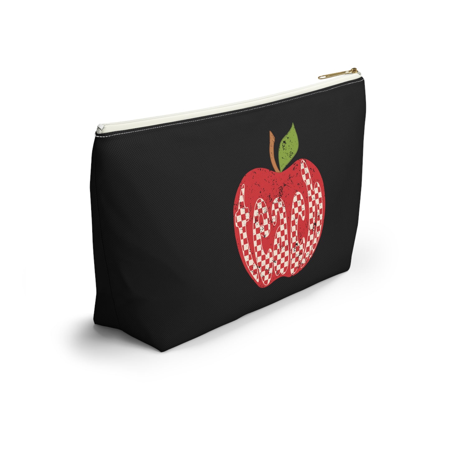 Distressed Teacher Checkered Apple Print Design Accessory Pouch w T-bottom - Black
