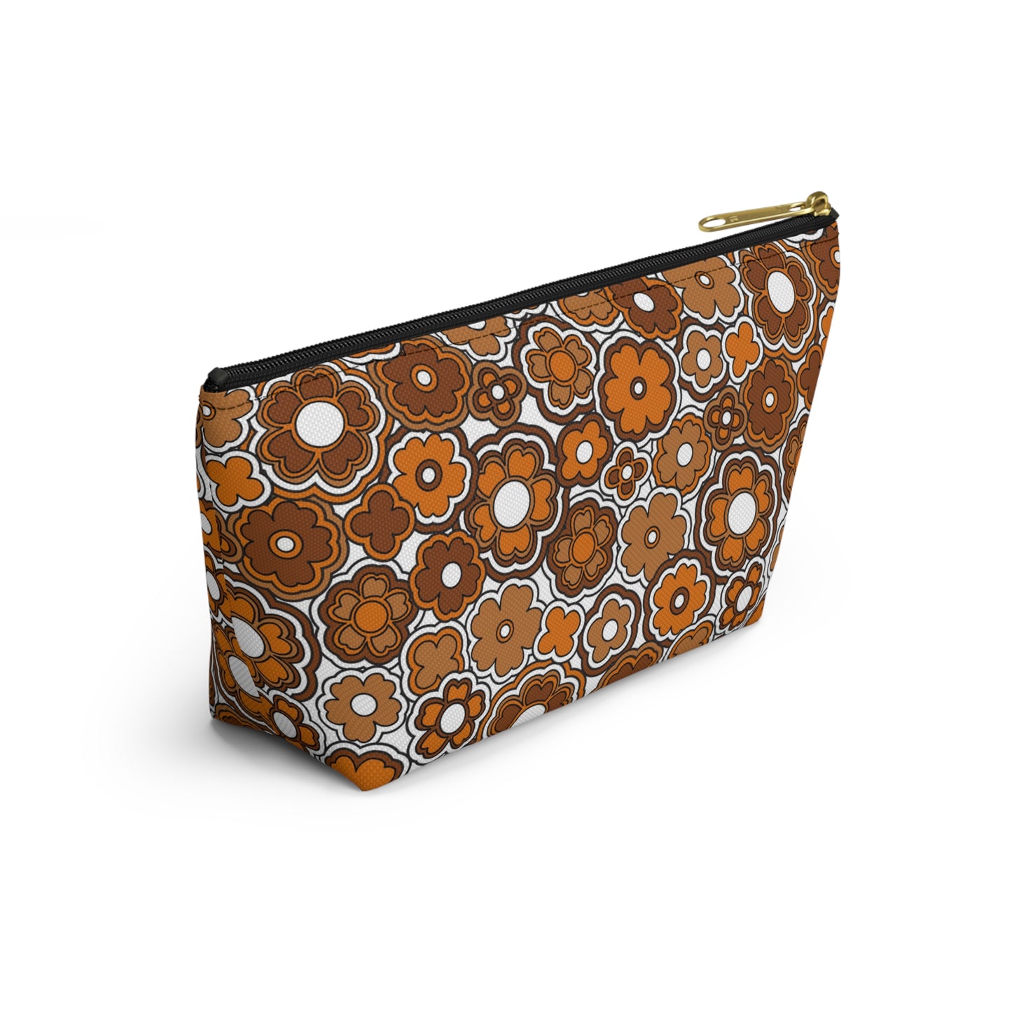 Flower Power Retro Brown Print Accessory Pouch w T-bottom