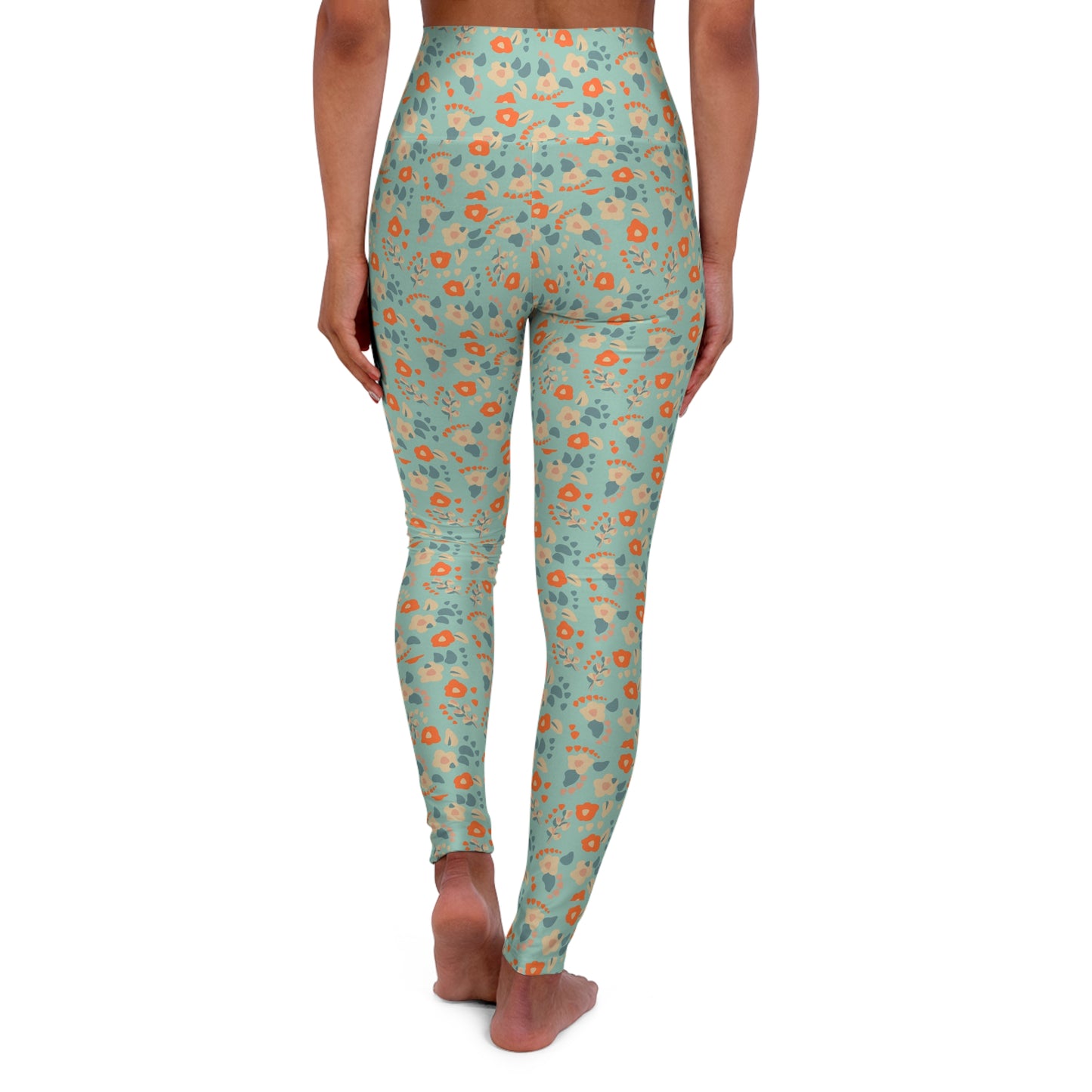 Boho Blue and Orange Dainty Floral High Waisted Yoga Leggings
