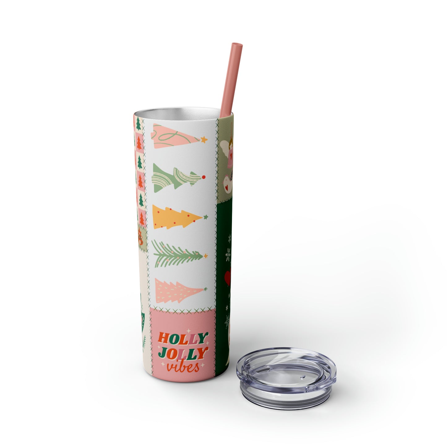 Boho Christmas Printed Holiday Skinny Tumbler with Straw, 20oz