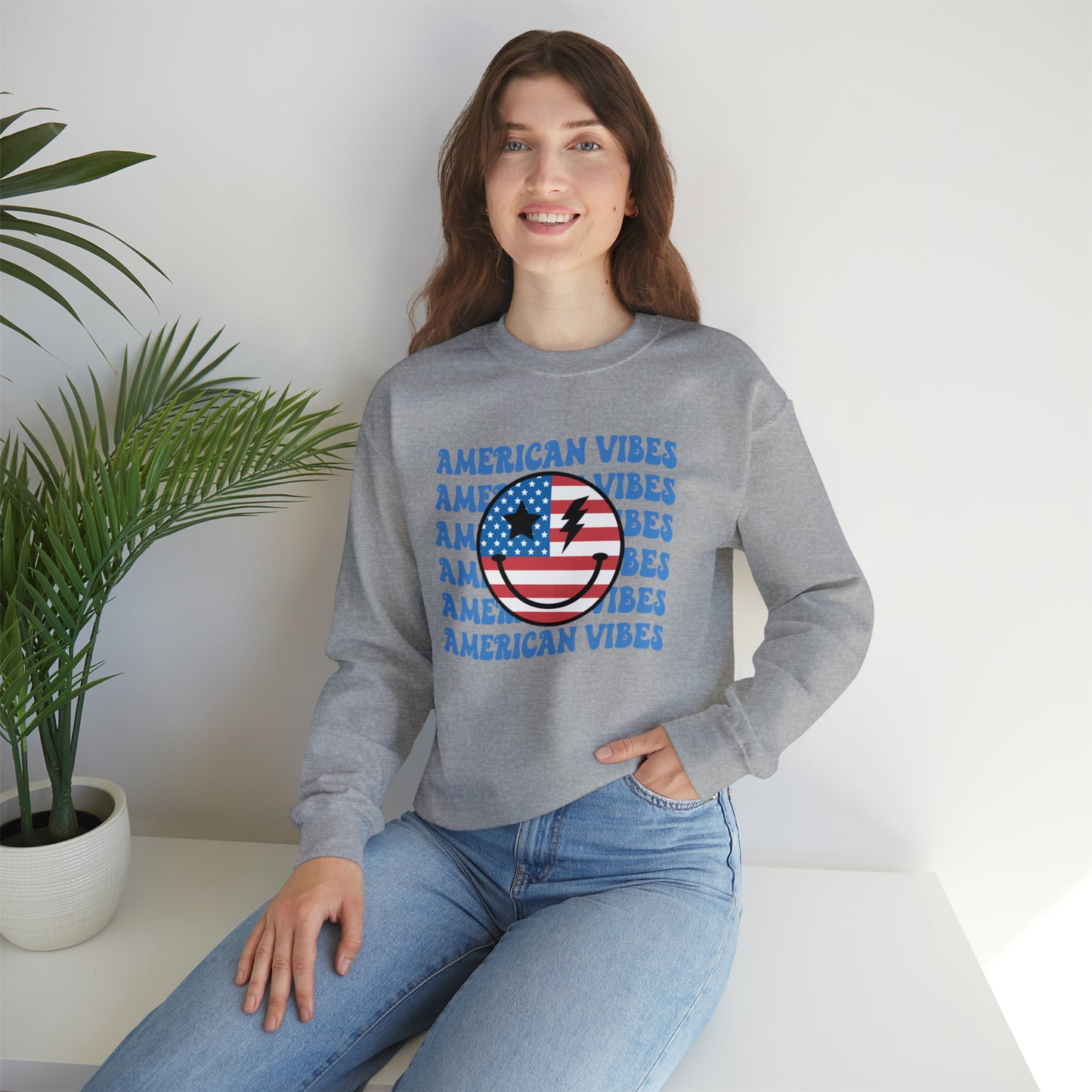 USA American Vibes Flag Smiley Face Heavy Blend™ Crewneck Sweatshirt