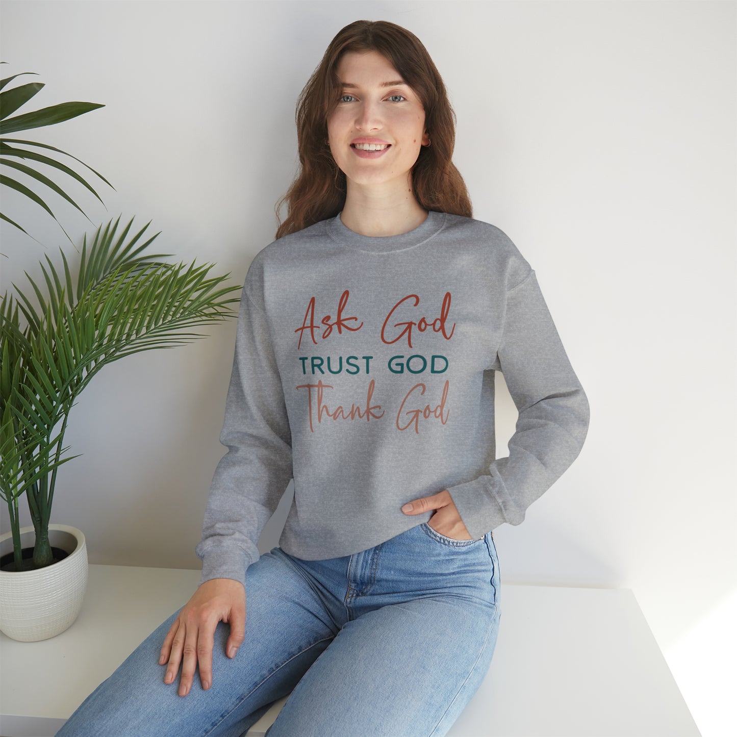 Ask God Trust God Thank God Boho Color Print Heavy Blend™ Crewneck Sweatshirt