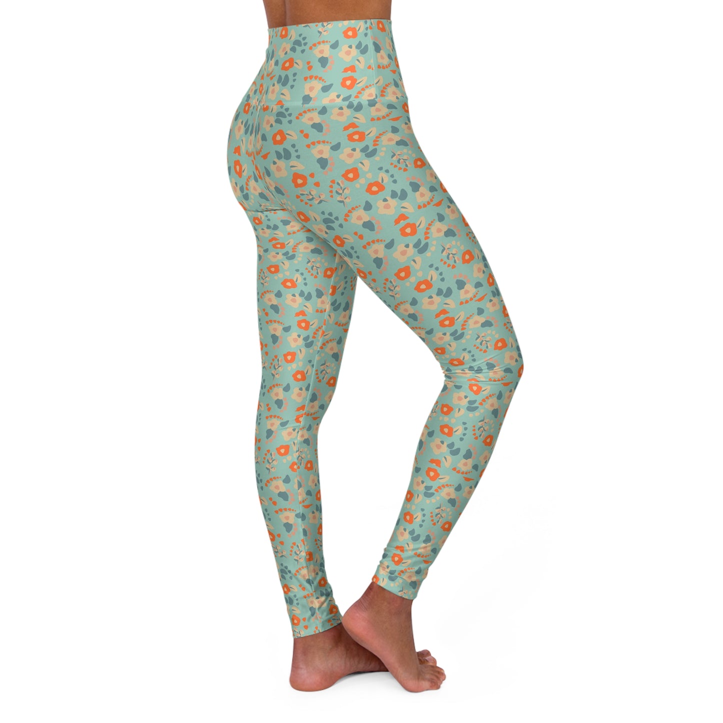 Boho Blue and Orange Dainty Floral High Waisted Yoga Leggings