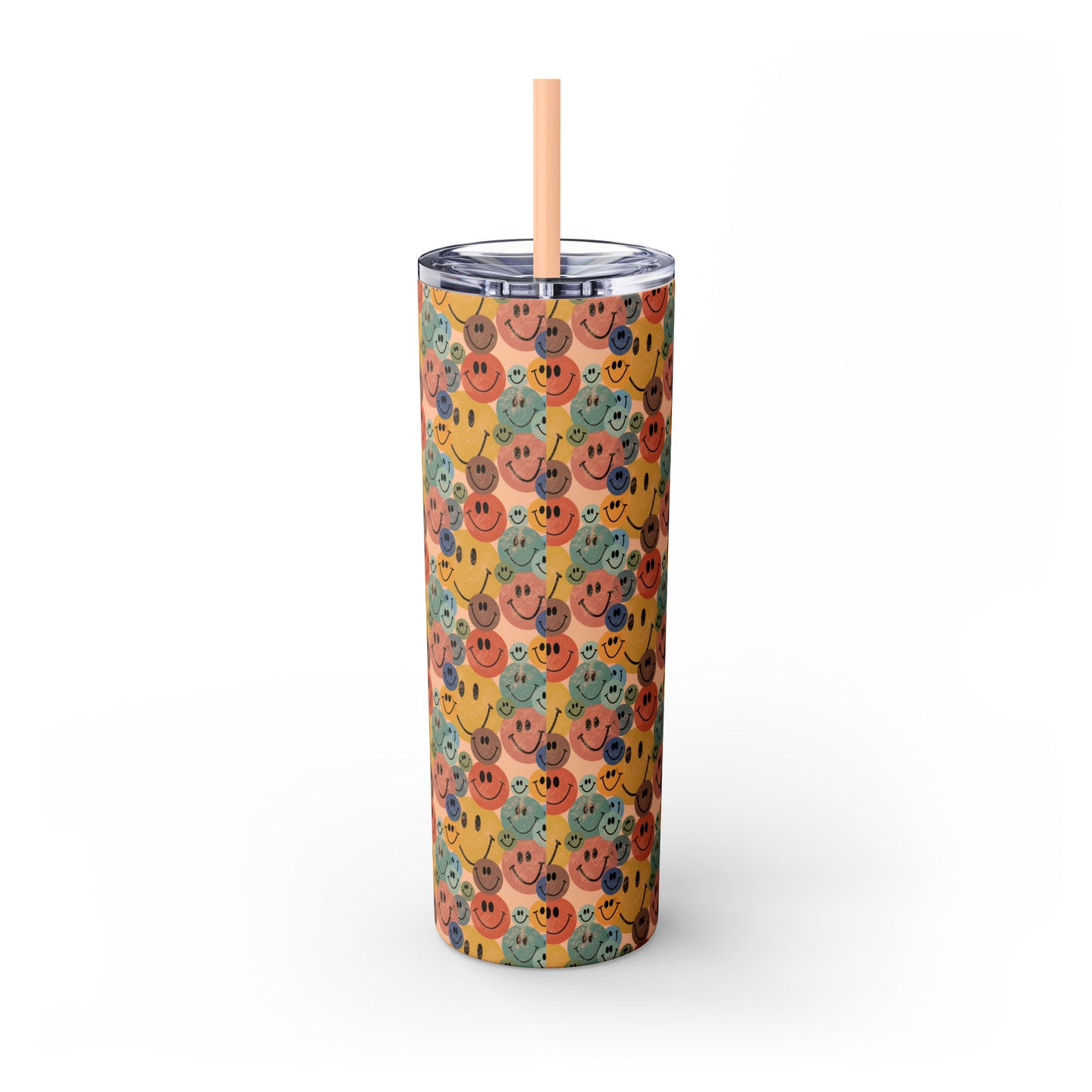 Old School Smiley Face Stickers Patterned Skinny Tumbler with Straw, 20oz