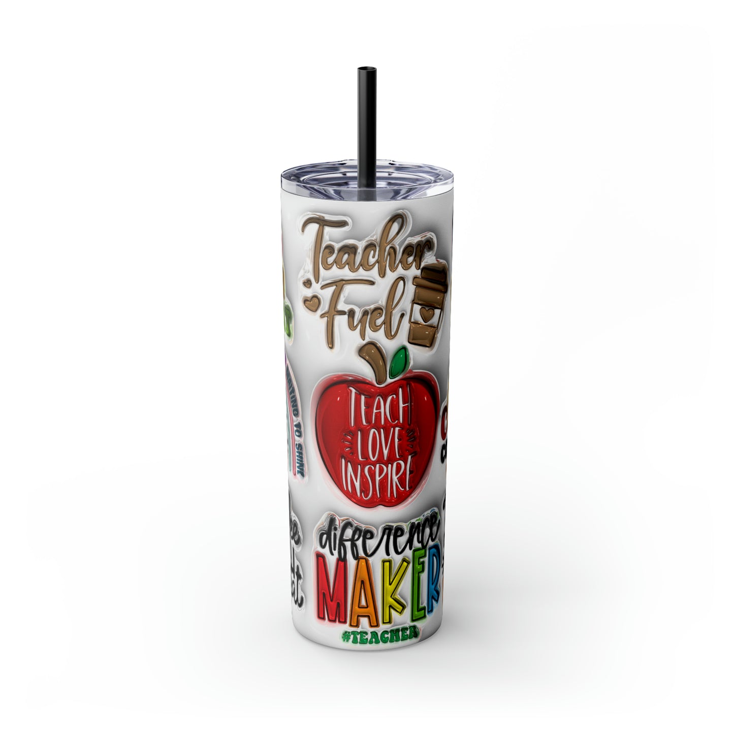 A+ Teacher Quotes Collage Skinny Tumbler with Straw, 20oz