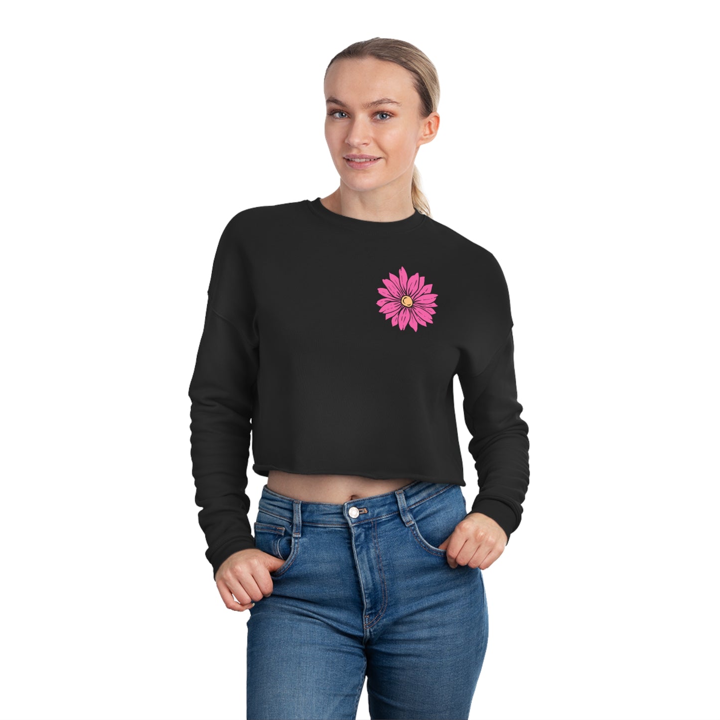 Front and Back Design - Positive Energy Hot Pink Floral Cropped Sweatshirt - Black