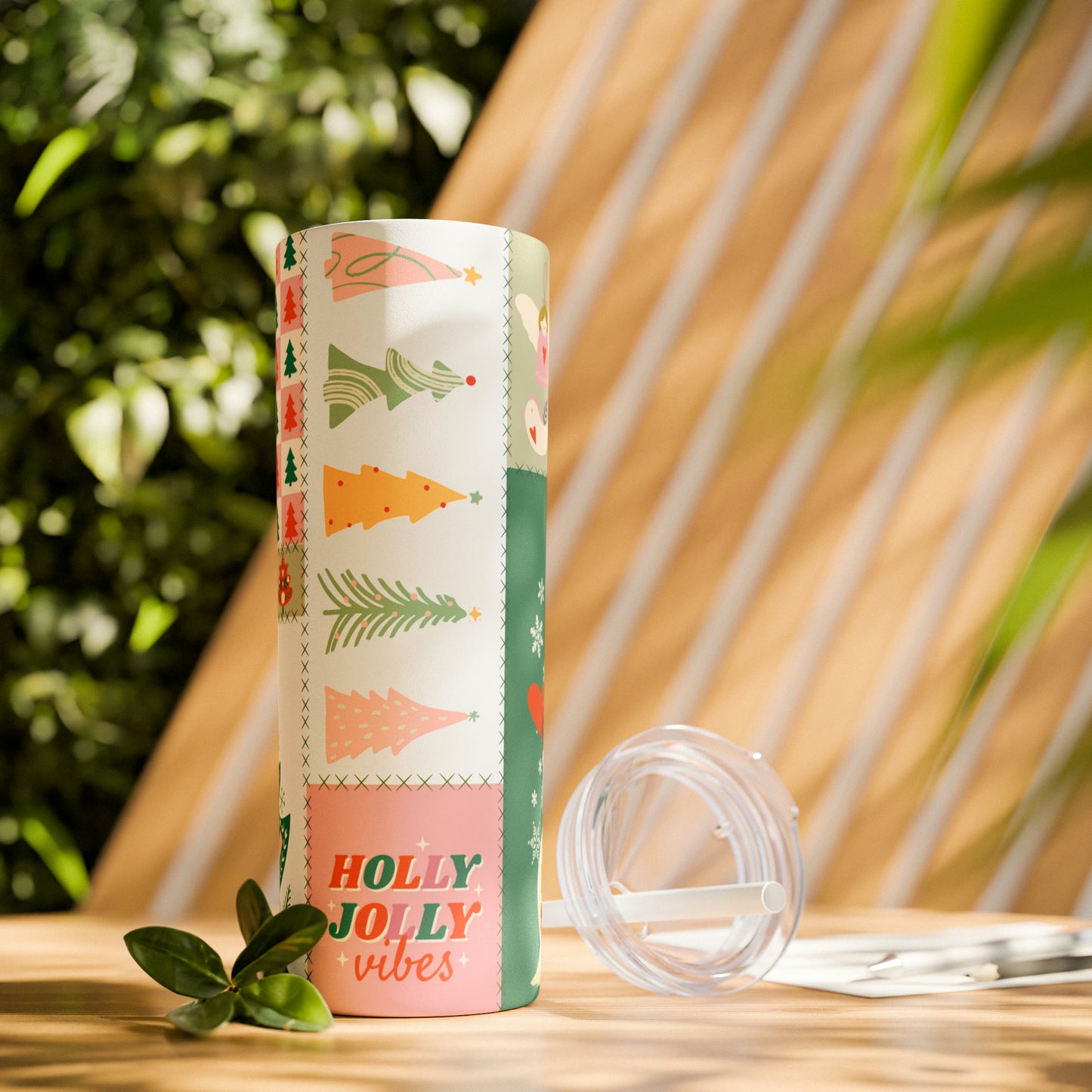 Boho Christmas Printed Holiday Skinny Tumbler with Straw, 20oz