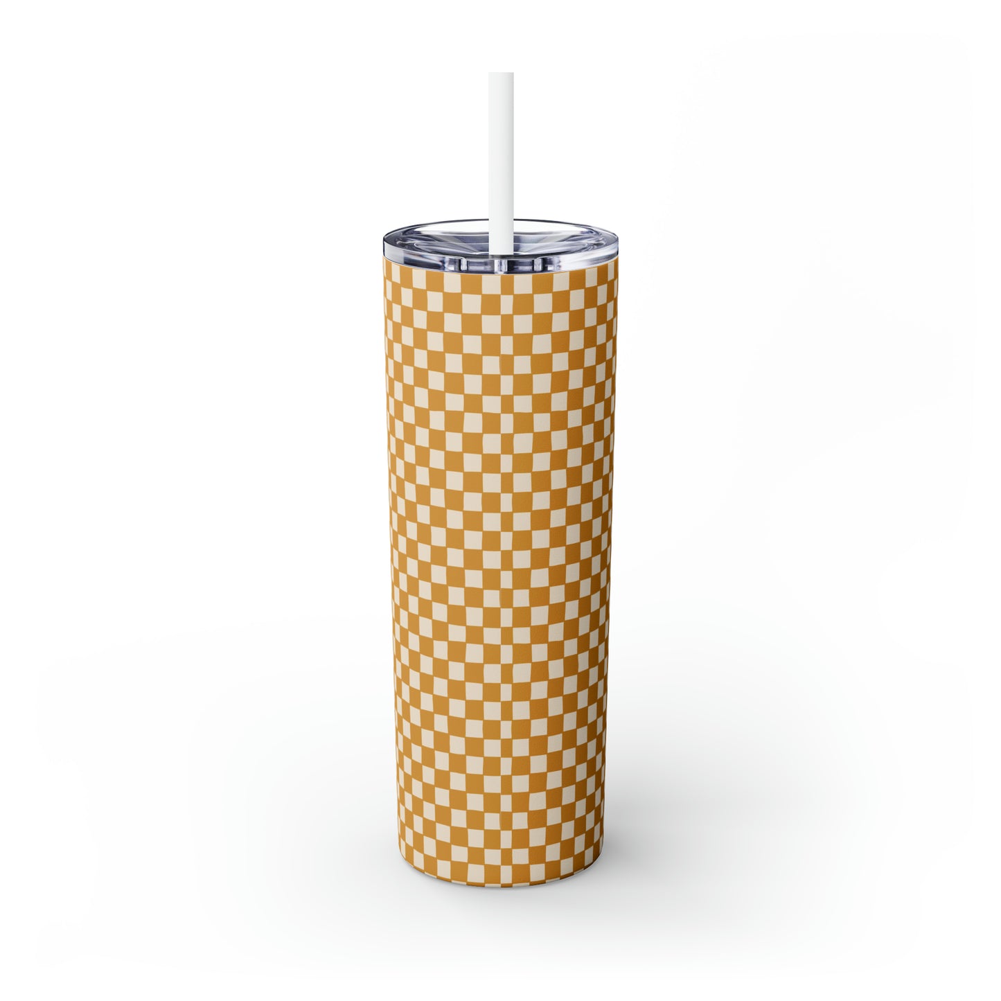 Boho Golden Checkerboard Print Skinny Tumbler with Straw, 20oz