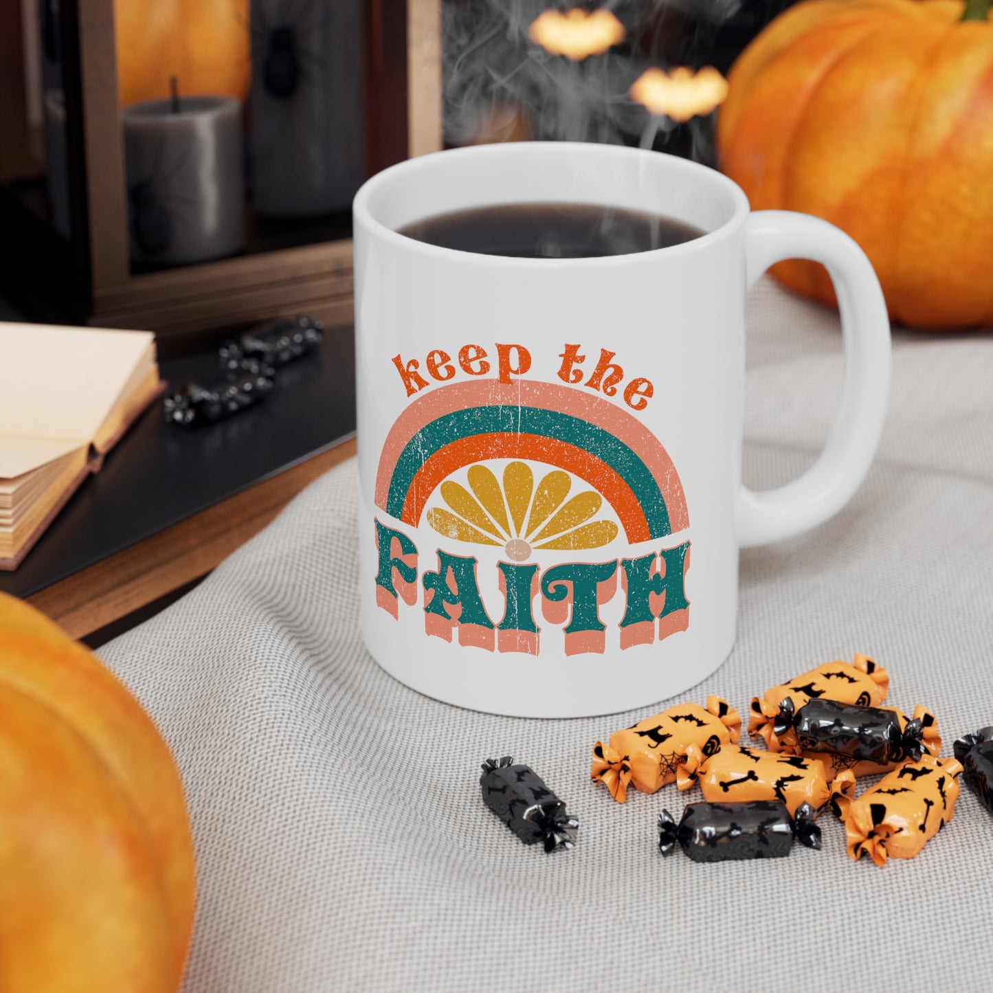 Keep the Faith Boho Retro Rainbow Sun Christian Ceramic Mug 11oz