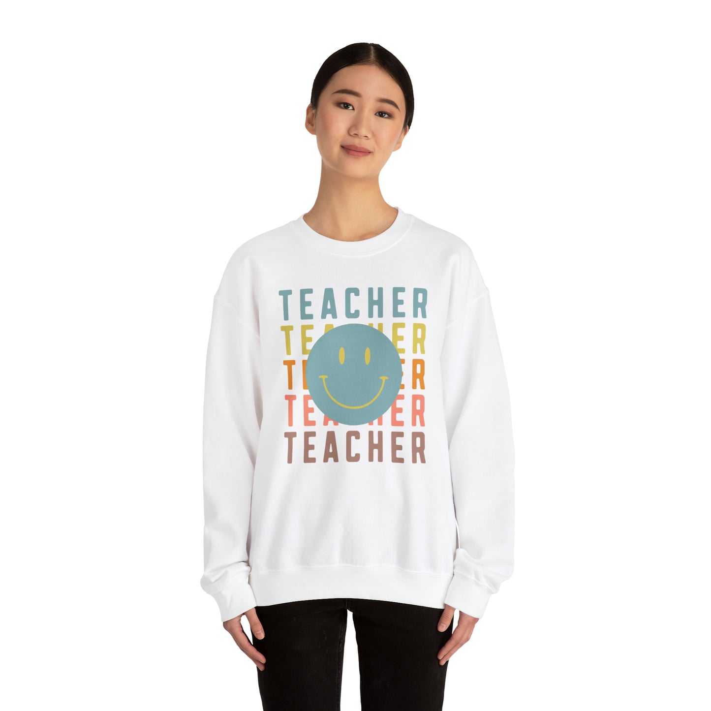 Multi Colored Teacher with Smiley Face Unisex Heavy Blend™ Crewneck Sweatshirt