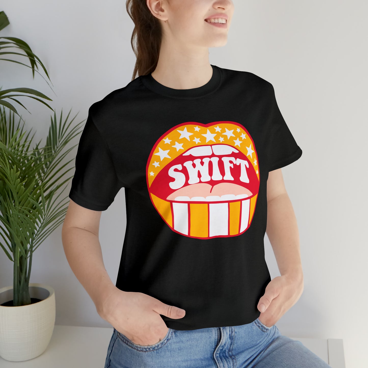 Swift Red, Yellow and White Lips Bella Jersey Short Sleeve Tee (Unisex)