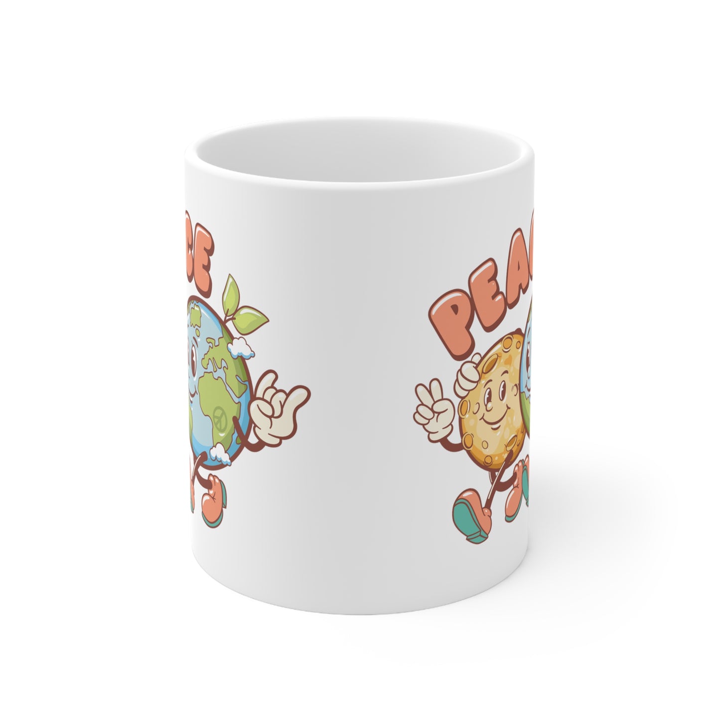 Earth and Moon Characters Spreading World Peace Ceramic Mug 11oz