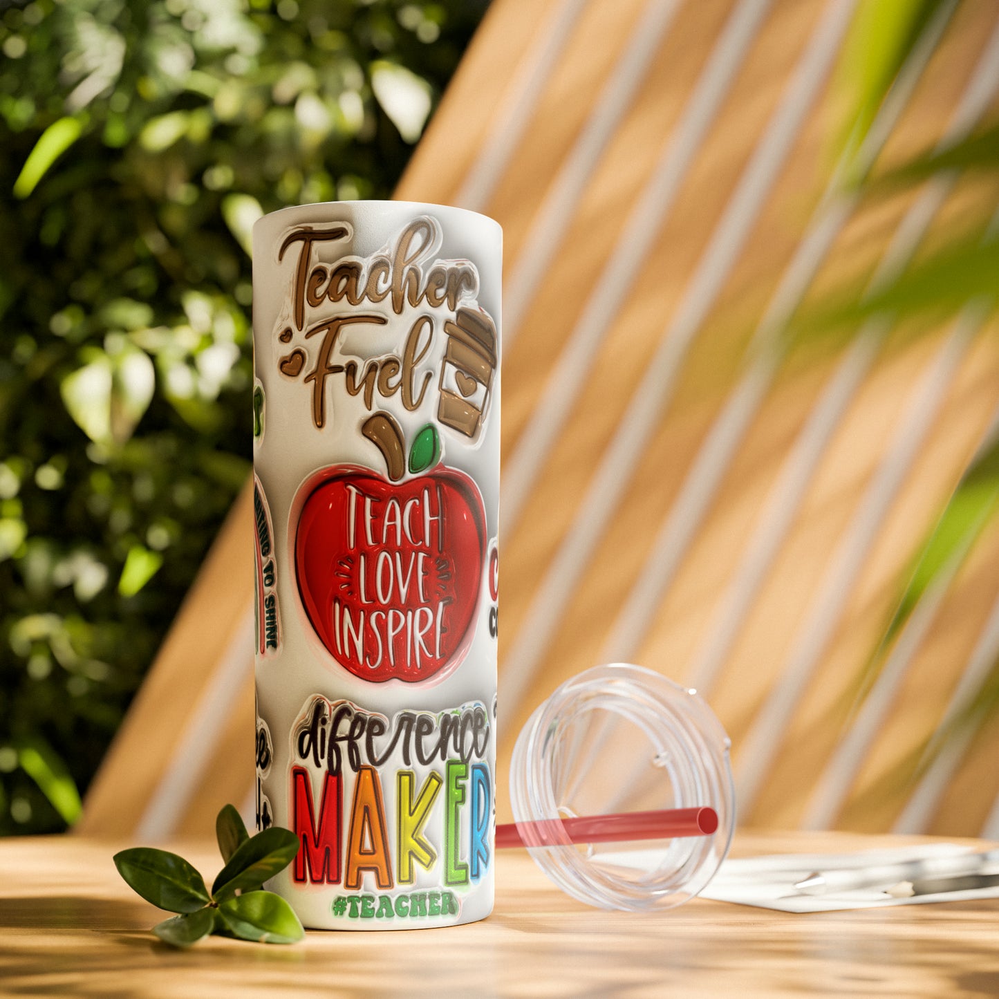 A+ Teacher Quotes Collage Skinny Tumbler with Straw, 20oz