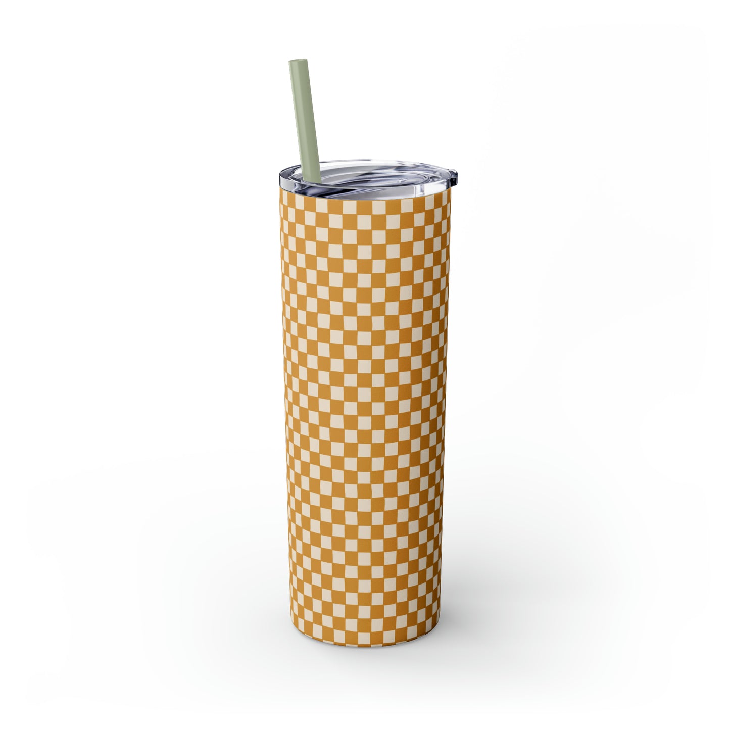 Boho Golden Checkerboard Print Skinny Tumbler with Straw, 20oz