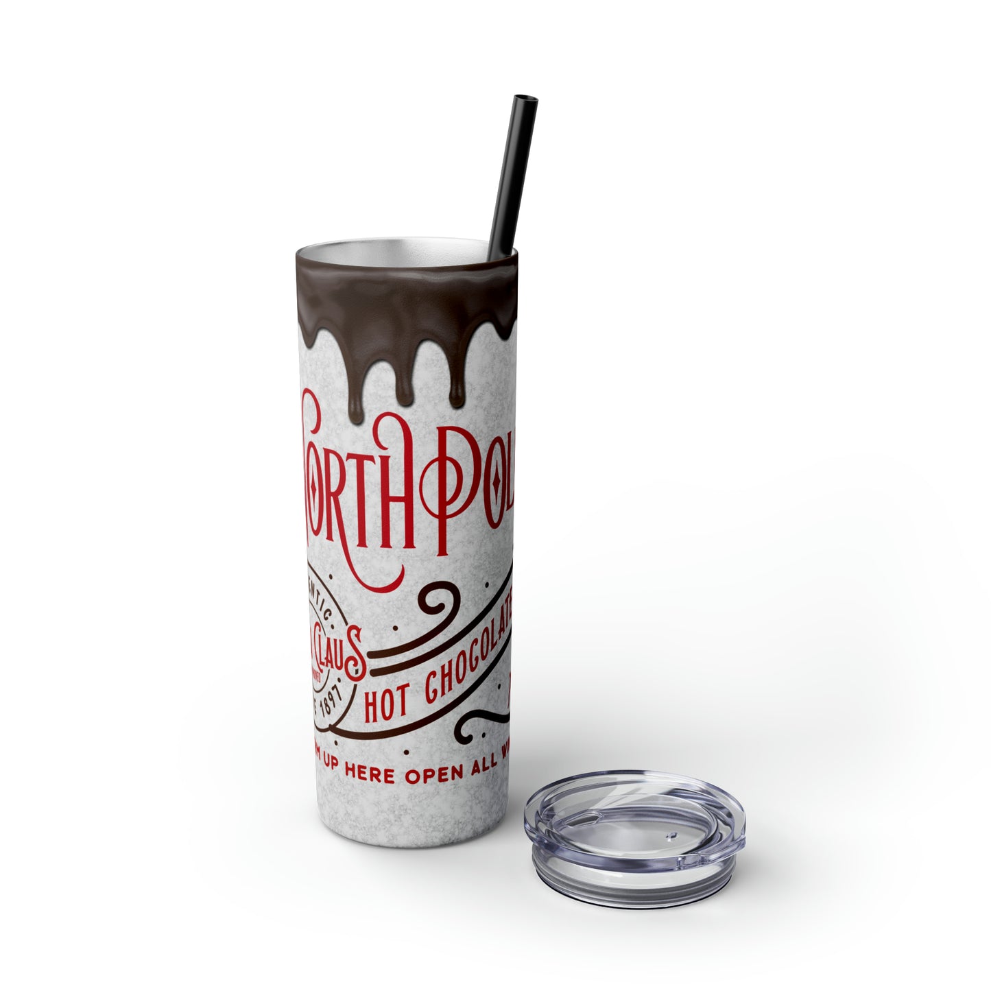 North Pole Santa Claus Hot Chocolate Co. Christmas/ Holiday Skinny Tumbler with Straw, 20oz