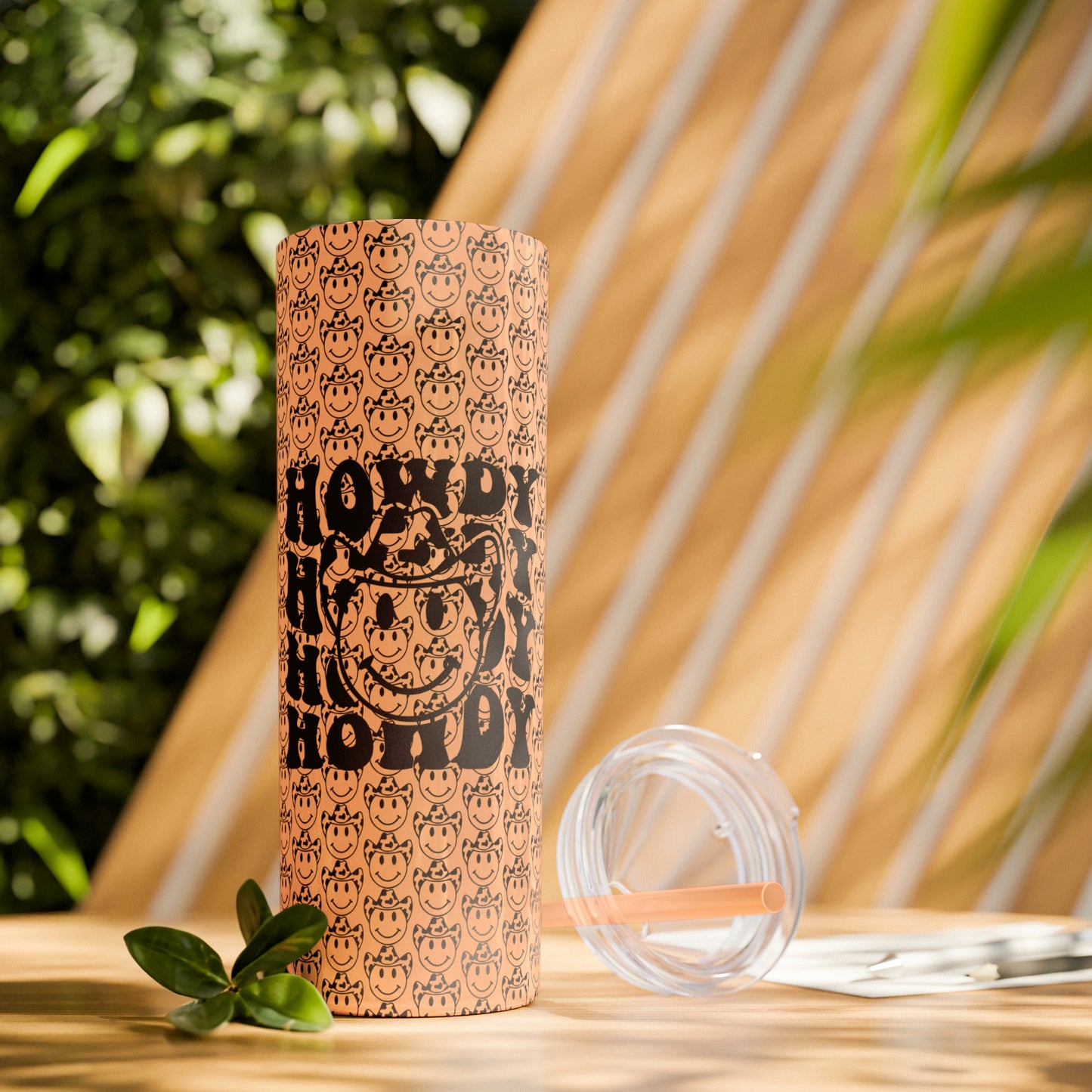 Howdy Howdy Howdy Smiley Face with Cowboy Hat Skinny Tumbler with Straw, 20oz