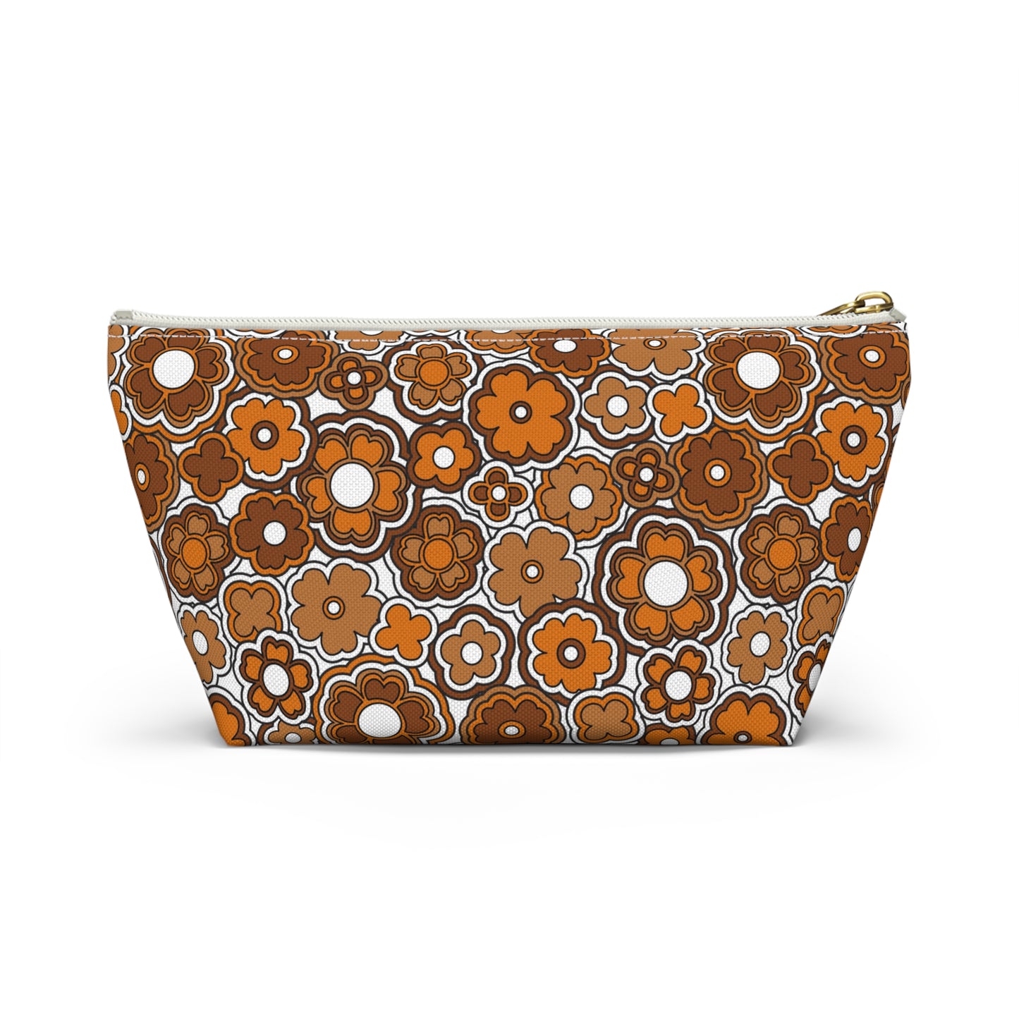 Flower Power Retro Brown Print Accessory Pouch w T-bottom