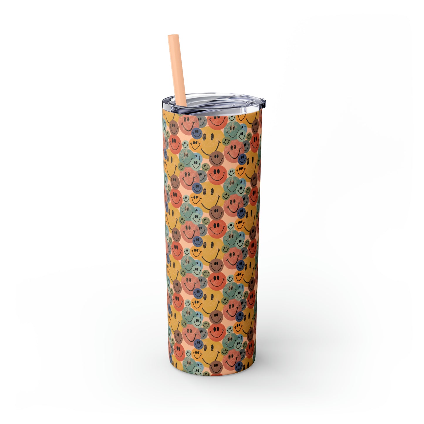 Old School Smiley Face Stickers Patterned Skinny Tumbler with Straw, 20oz