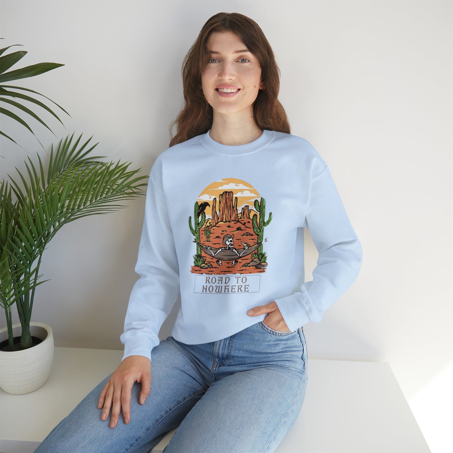 Road to Nowhere Skeleton Fall Halloween Retro Warm Colored Unisex Heavy Blend™ Crewneck Sweatshirt