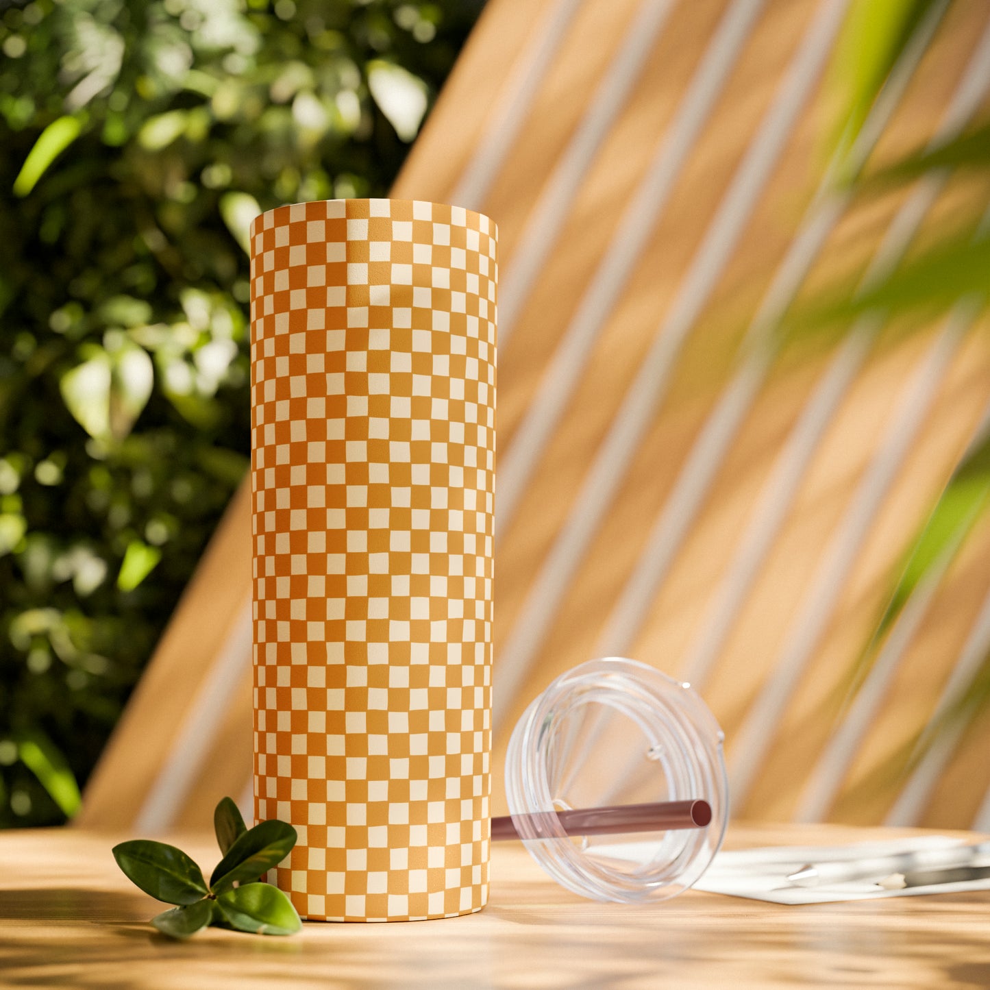 Boho Golden Checkerboard Print Skinny Tumbler with Straw, 20oz