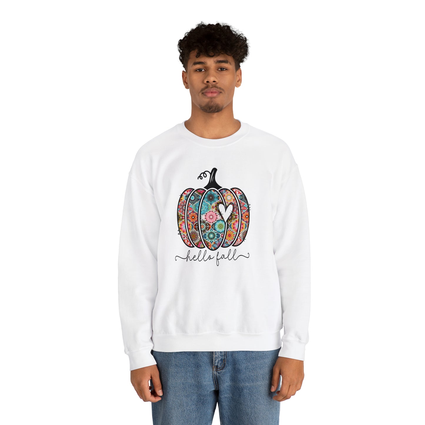 Hello Fall Print Pumpkin Fall Halloween Retro Warm Colored Unisex Heavy Blend™ Crewneck Sweatshirt
