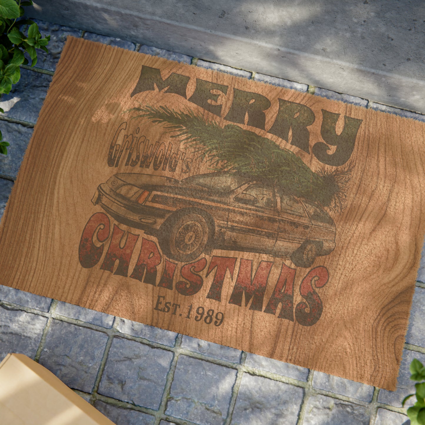Distressed Merry Griswold's Christmas Tree Station Wagon Holiday Coir Mat