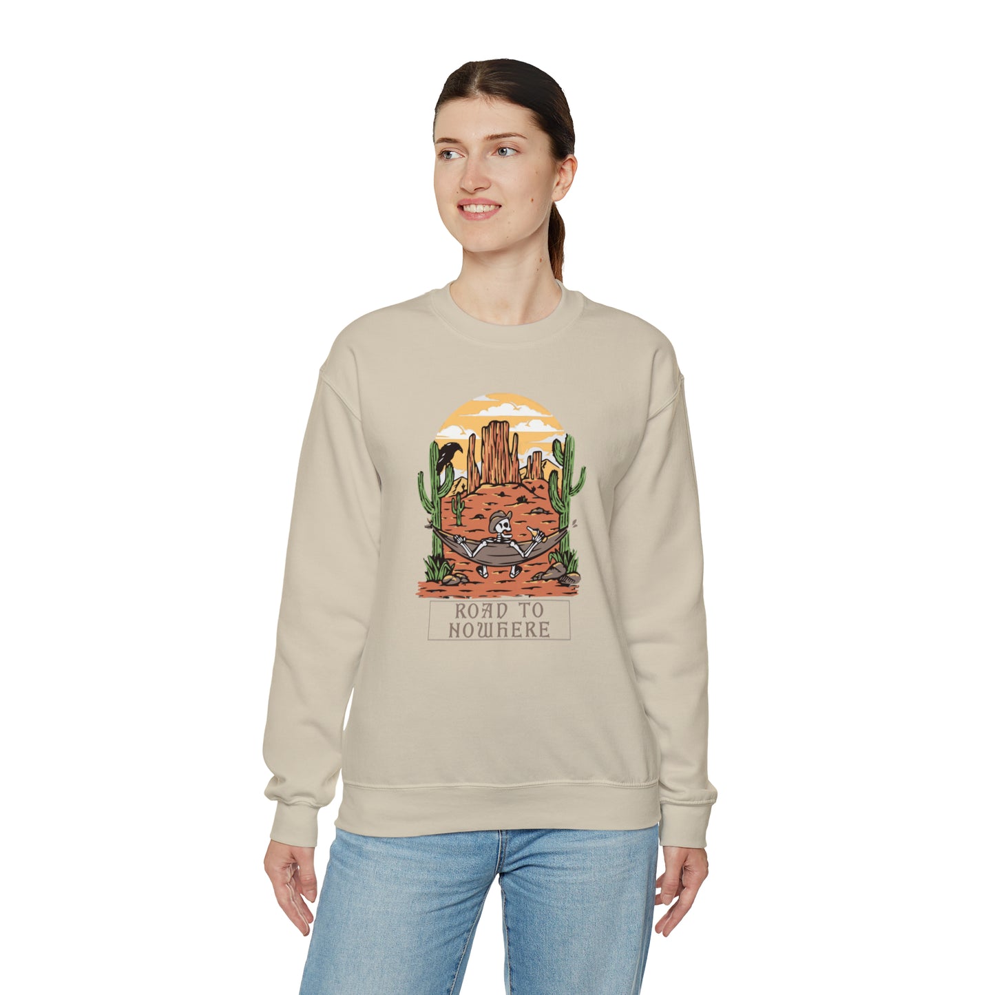 Road to Nowhere Skeleton Fall Halloween Retro Warm Colored Unisex Heavy Blend™ Crewneck Sweatshirt
