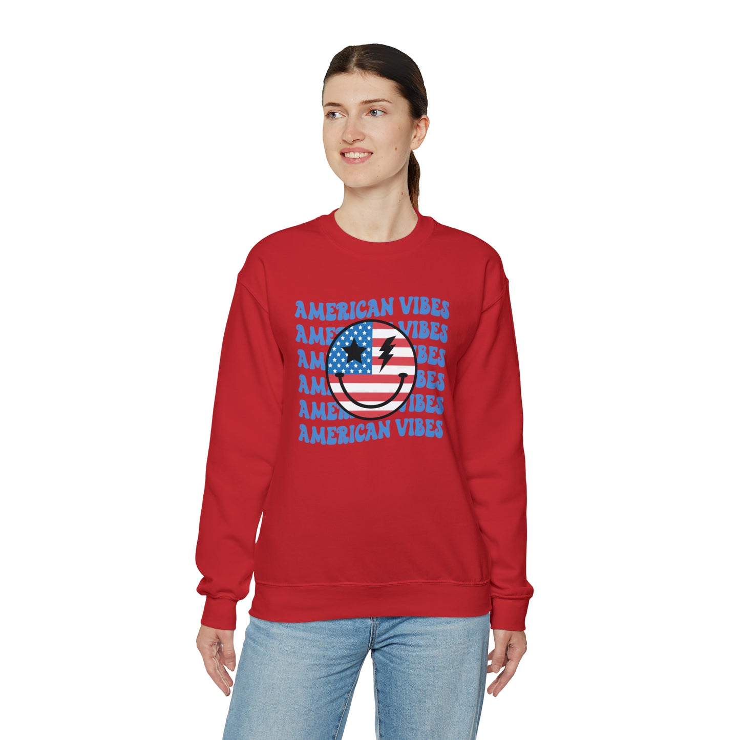 USA American Vibes Flag Smiley Face Heavy Blend™ Crewneck Sweatshirt
