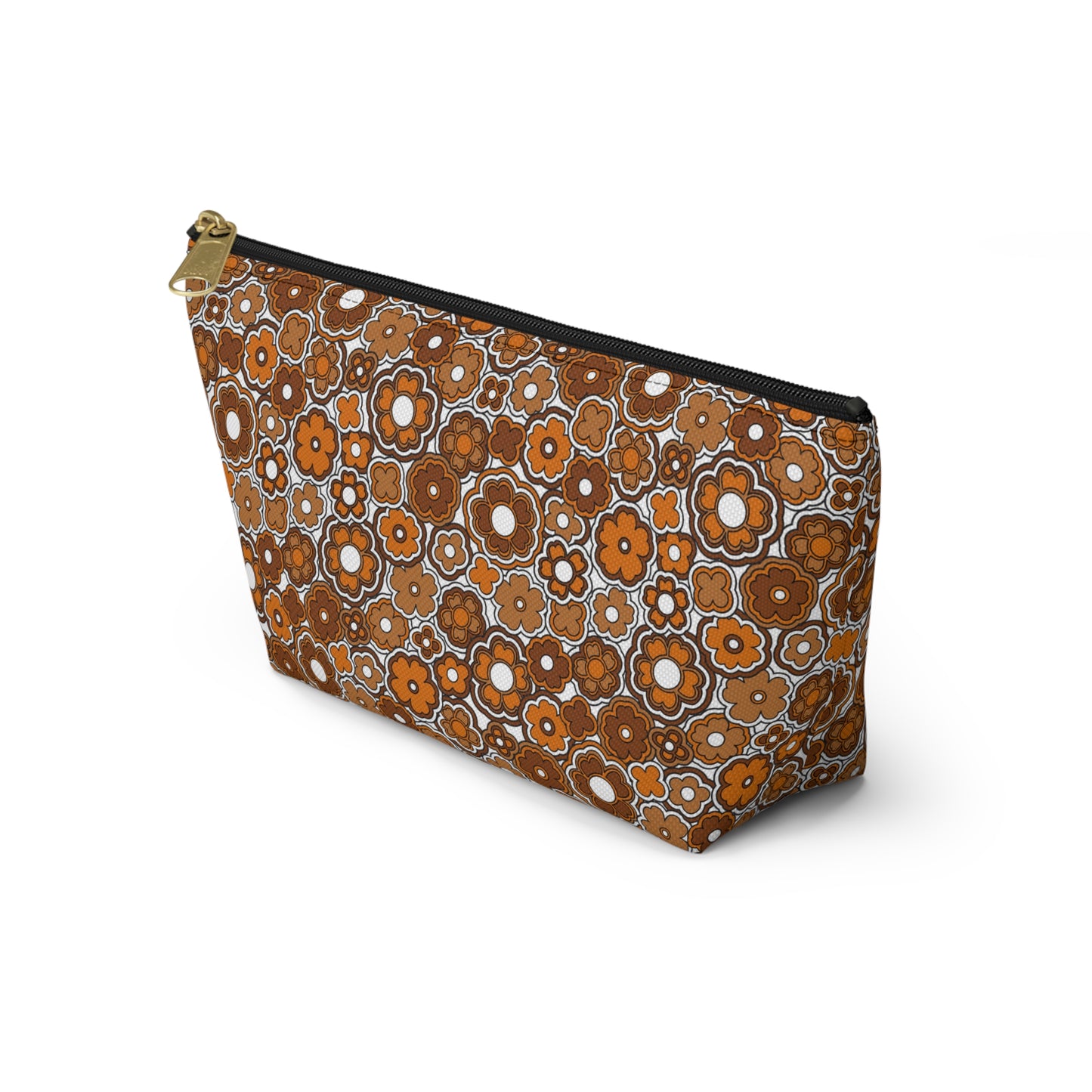 Flower Power Retro Brown Floral Print Design  Accessory Pouch w T-bottom
