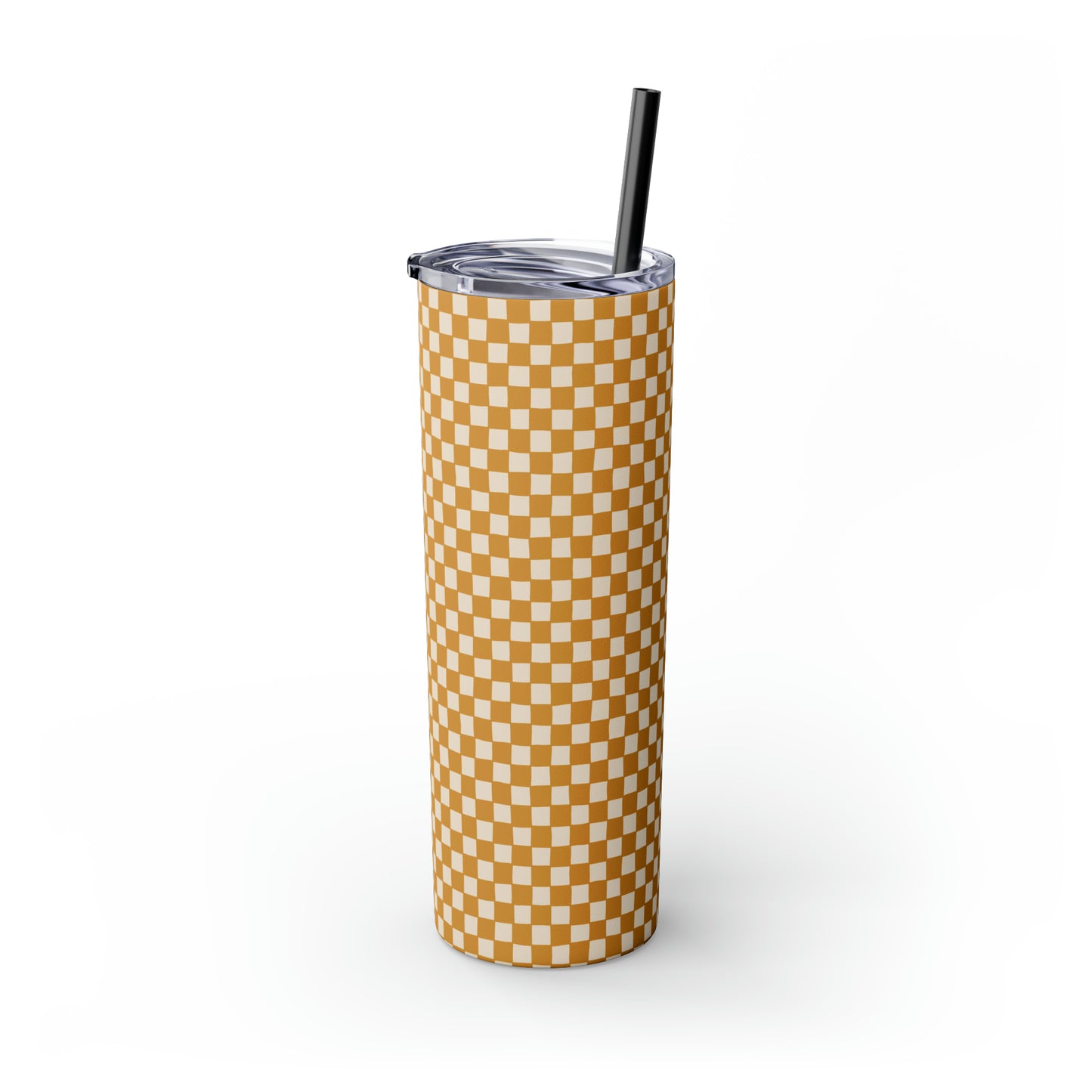 Boho Golden Checkerboard Print Skinny Tumbler with Straw, 20oz