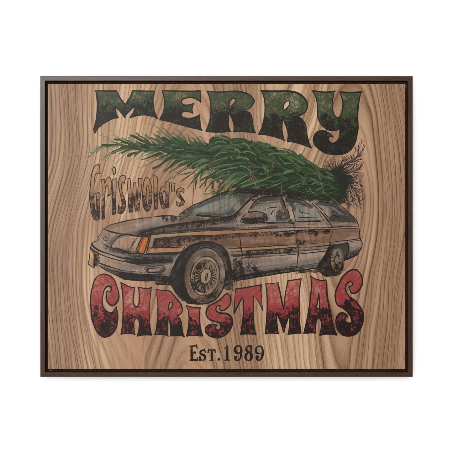 Distressed Merry Griswold Christmas Tree Station Wagon Holiday Gallery Canvas Wraps, Horizontal Frame