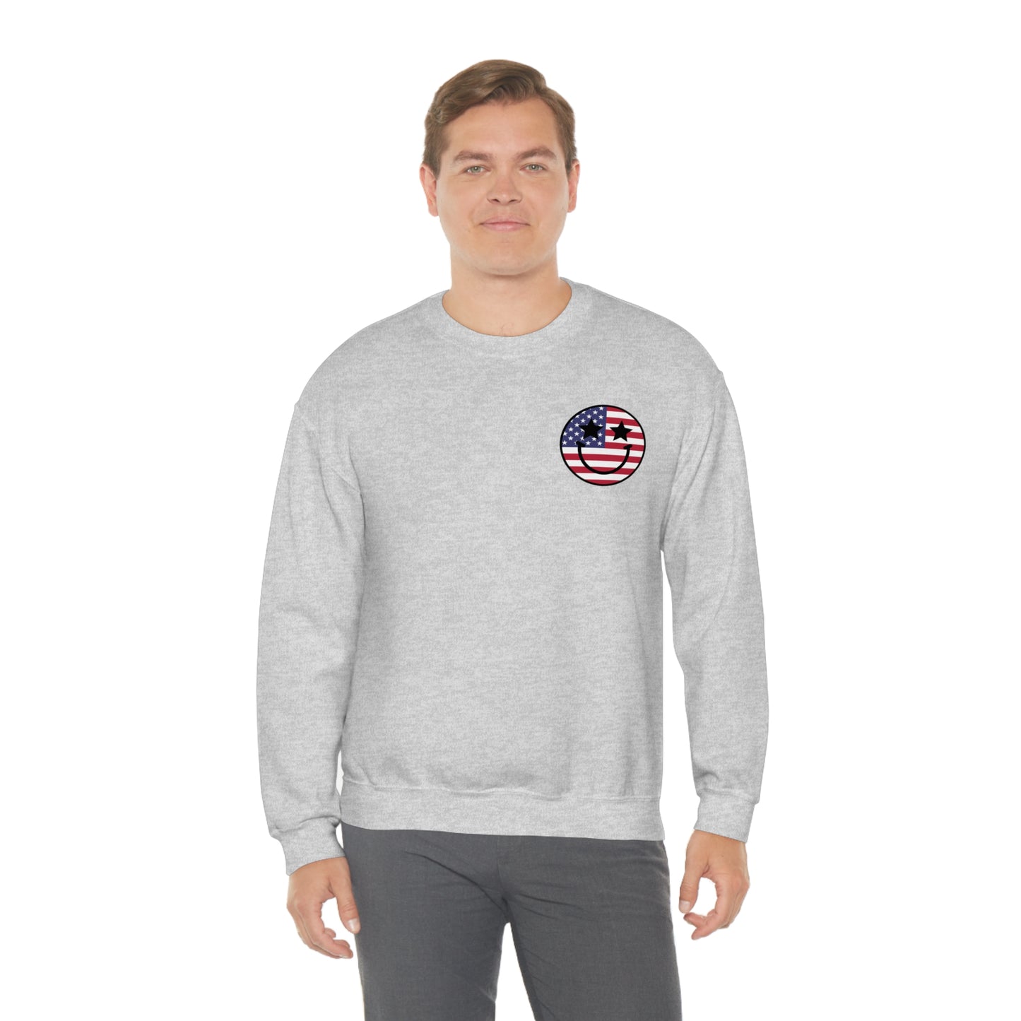 "Land of the Free Because of the Brave with Smiley Face Front" (Front & Back Design) - Unisex Heavy Blend™ Crewneck Sweatshirt