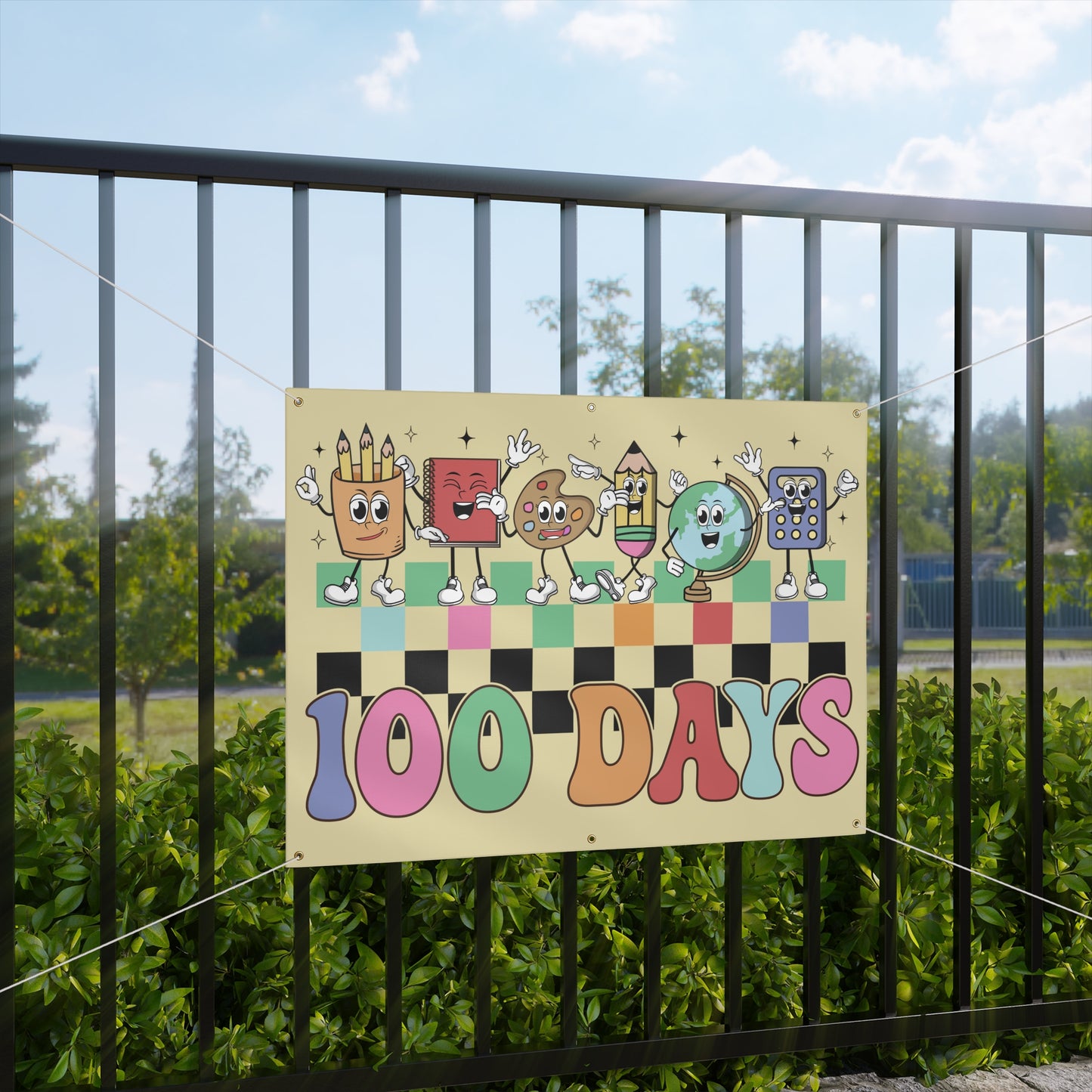 100 Days of School School Checkerboard Supply Characters Matte Banner