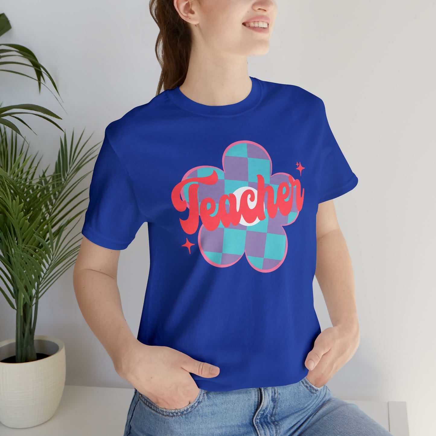Purple and Blue Plaid Daisey Teacher T-Shirt