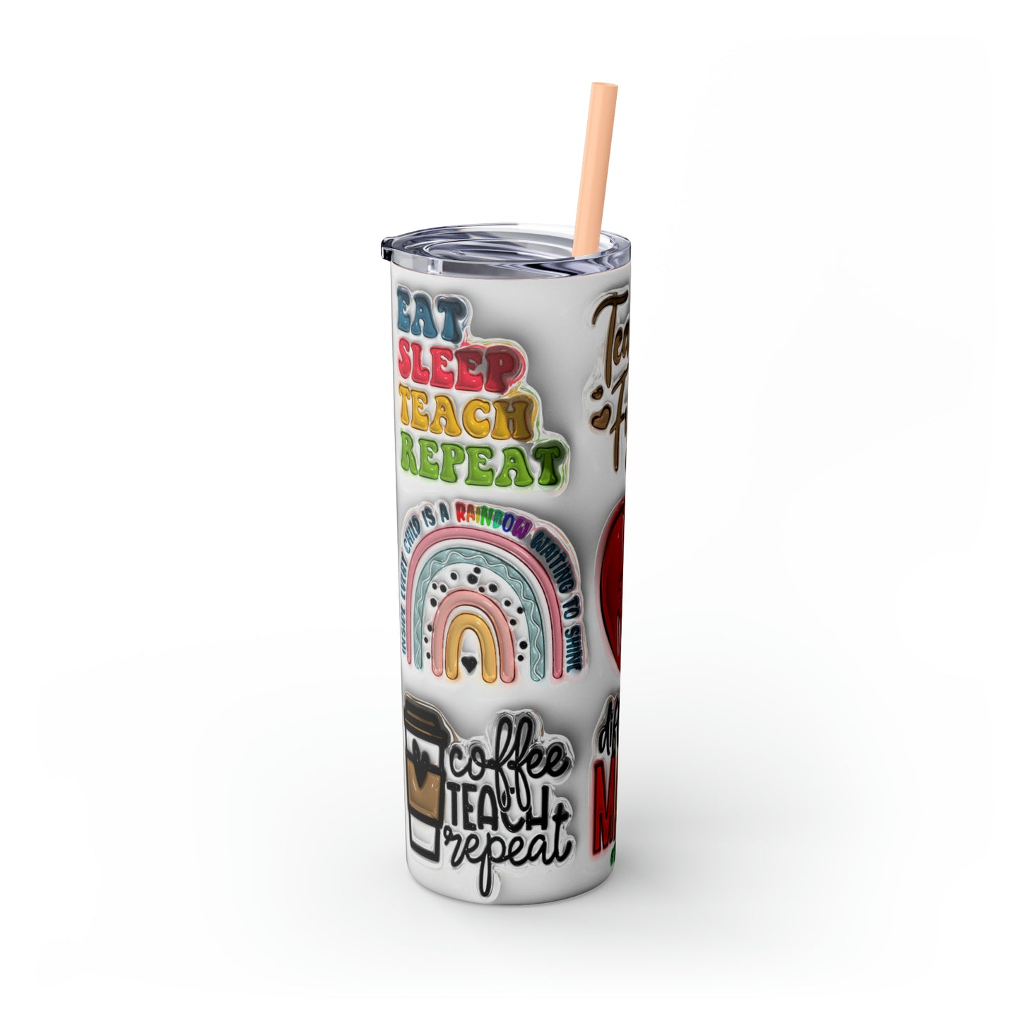 A+ Teacher Quotes Collage Skinny Tumbler with Straw, 20oz