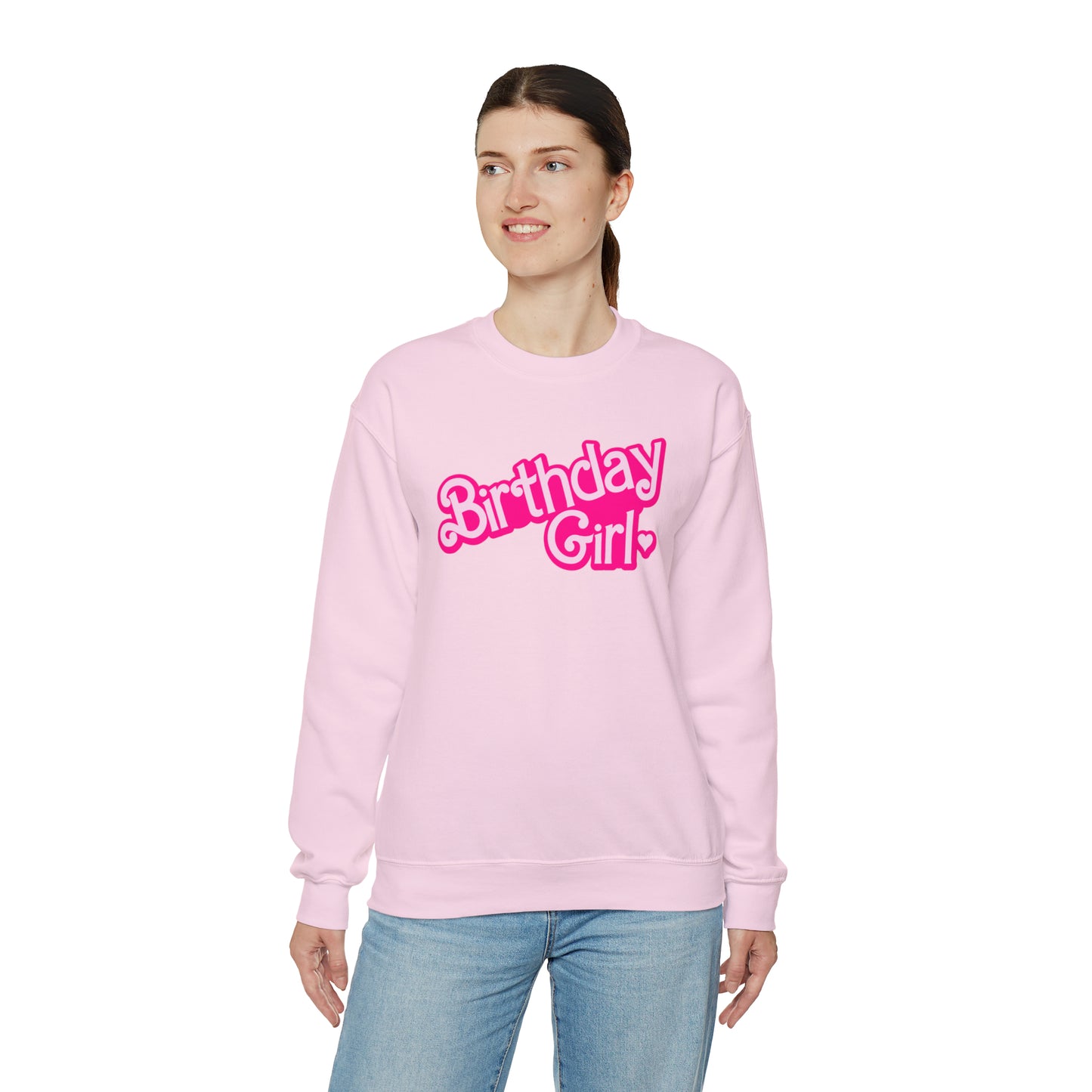 Birthday Girl with Hot Pink Barbie Font Heavy Blend™ Crewneck Sweatshirt